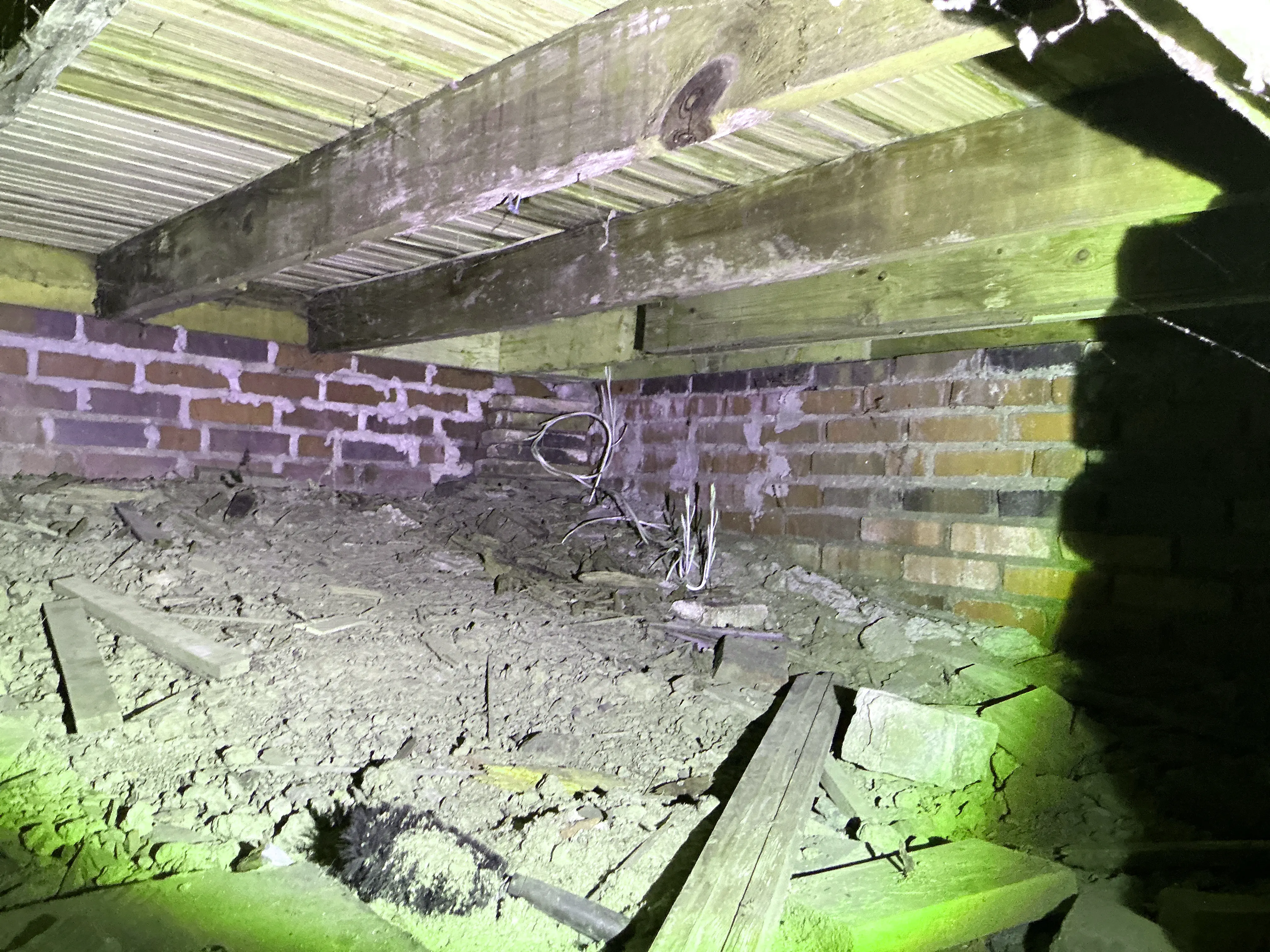 Crawlspace inspection showing dirt floor with debris, exposed electrical wires, brick foundation, and wooden floor joists. 2026-07-31