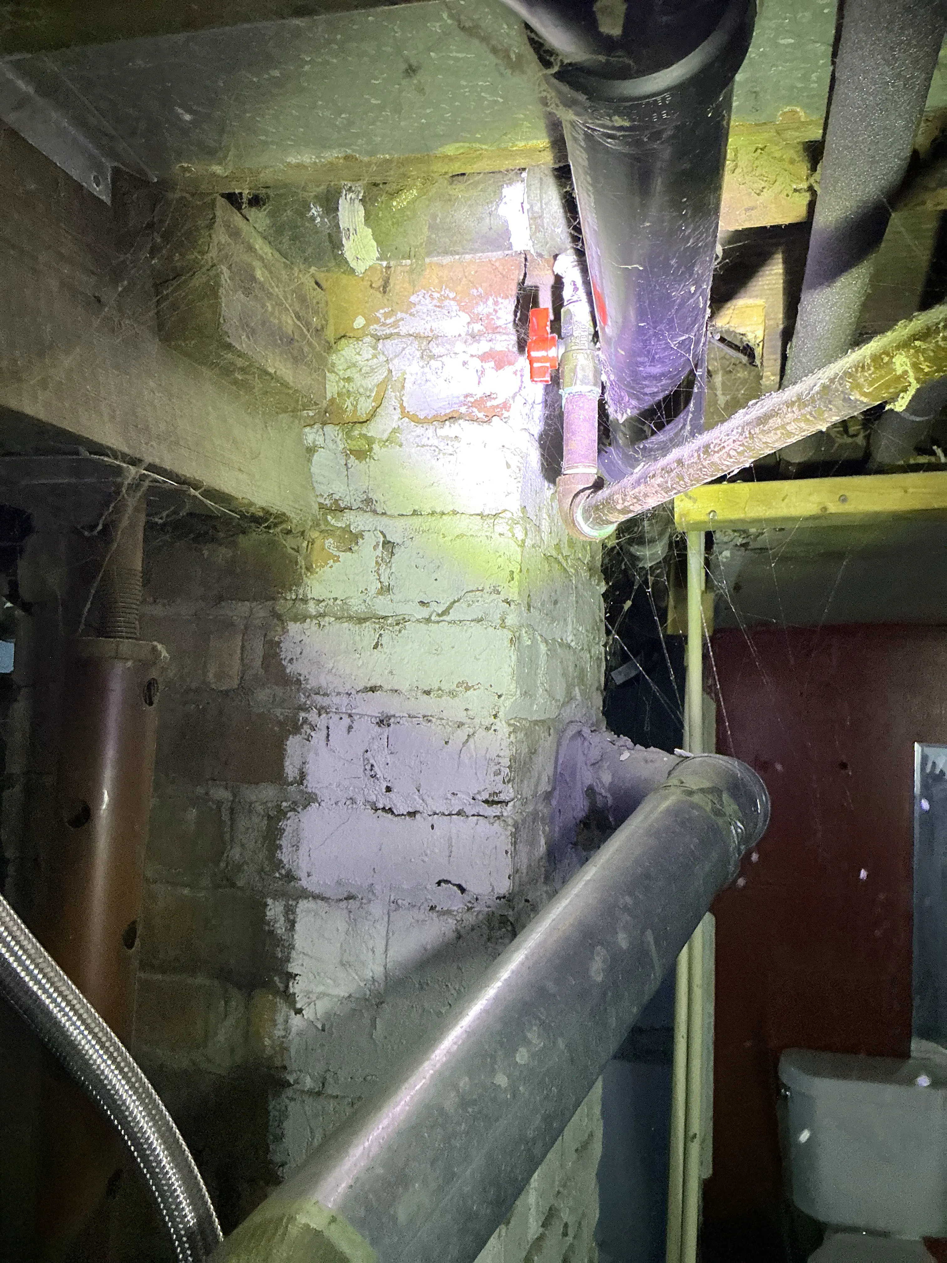 Exposed plumbing pipes, shutoff valve, and brick foundation wall in a basement during a home inspection 2026-08-07