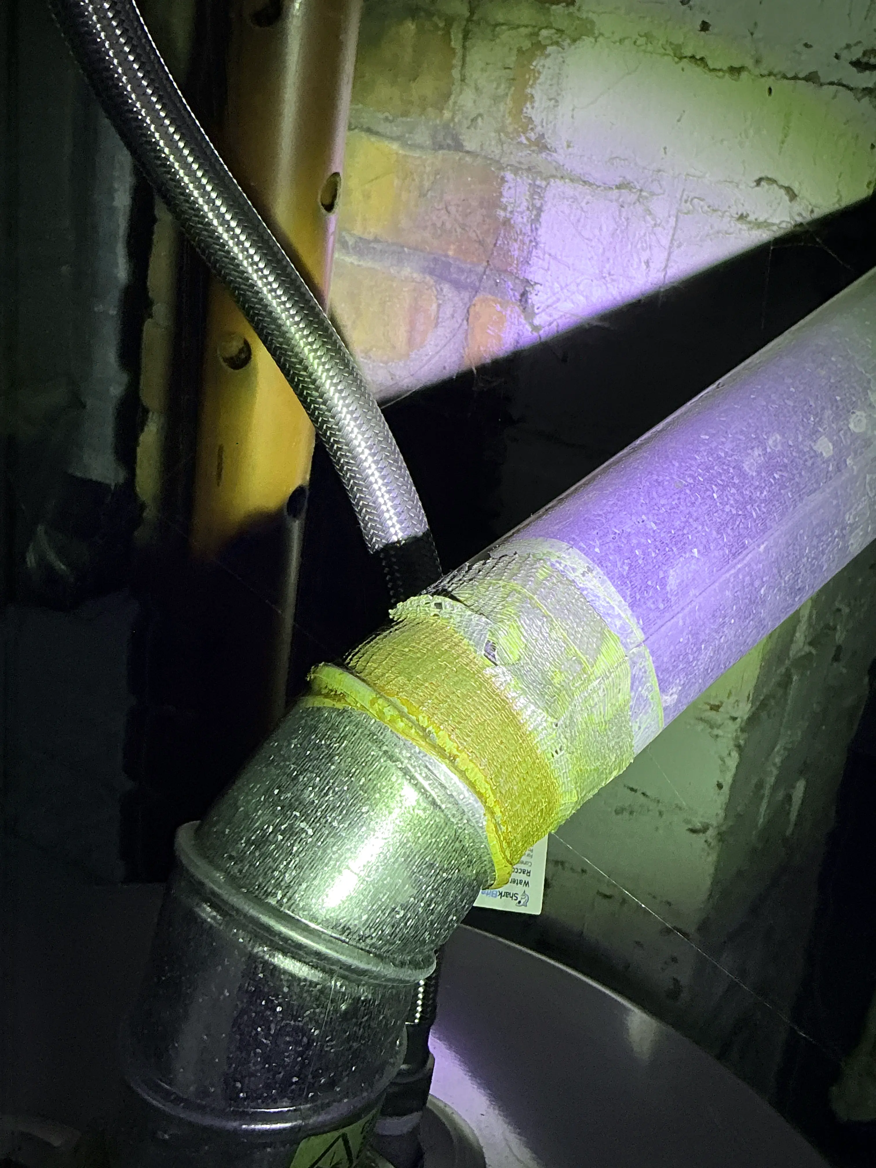 Deteriorated tape repair on metal exhaust vent pipe joint 2026-08-29