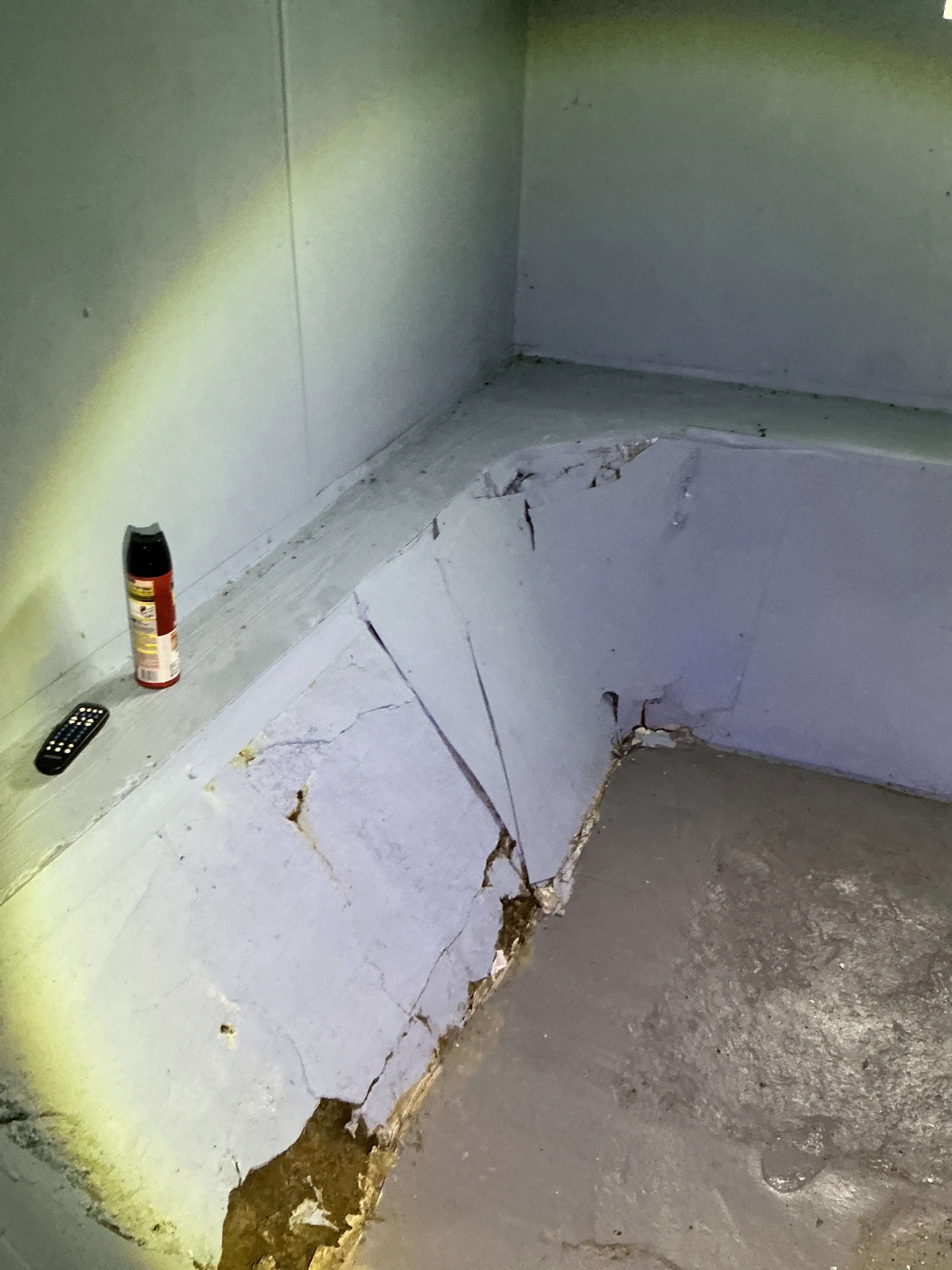 Severe cracking and paint peeling on basement foundation wall during lead test 2026-08-20