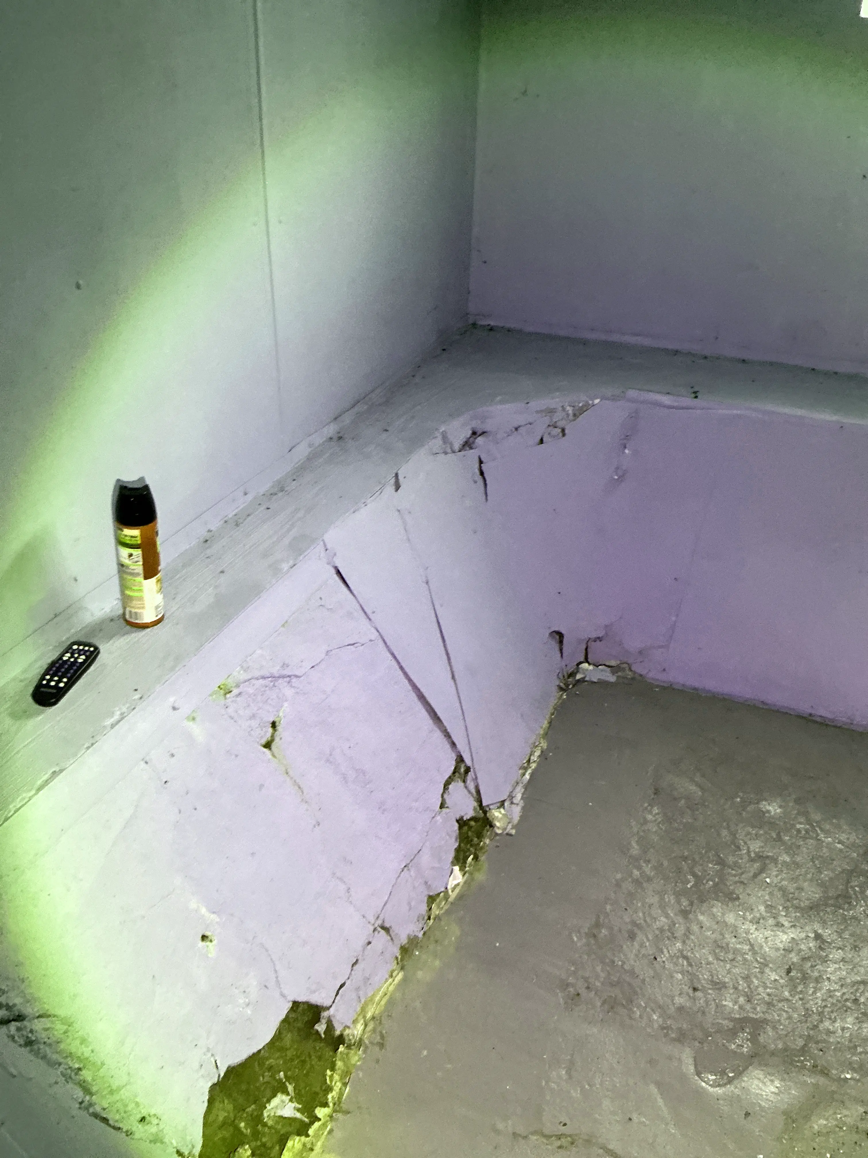 Severe cracking and paint peeling on basement foundation wall during lead inspection 2026-08-16
