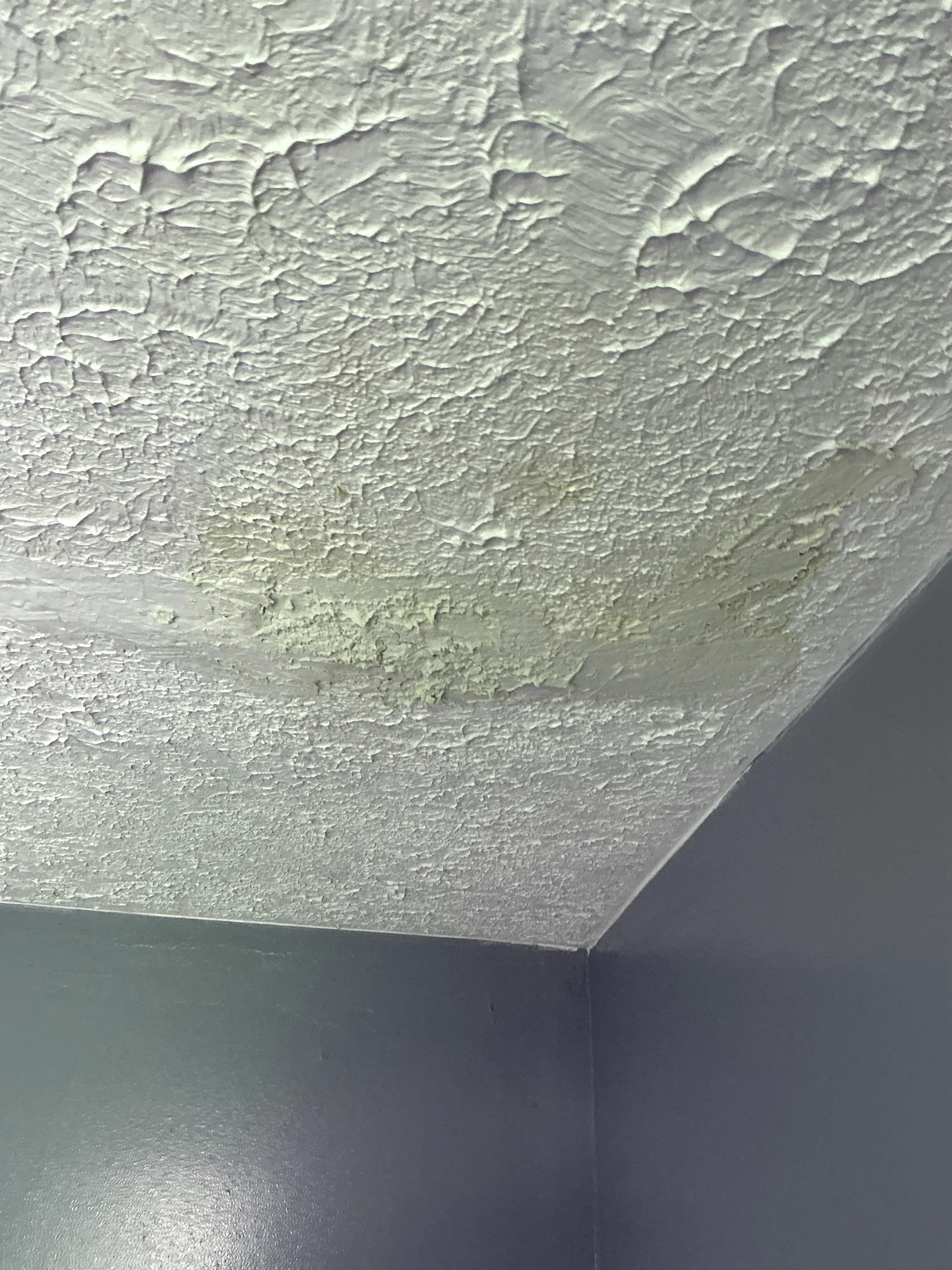 Water stain and damaged texture on interior wall corner during a home inspection 2026-08-23