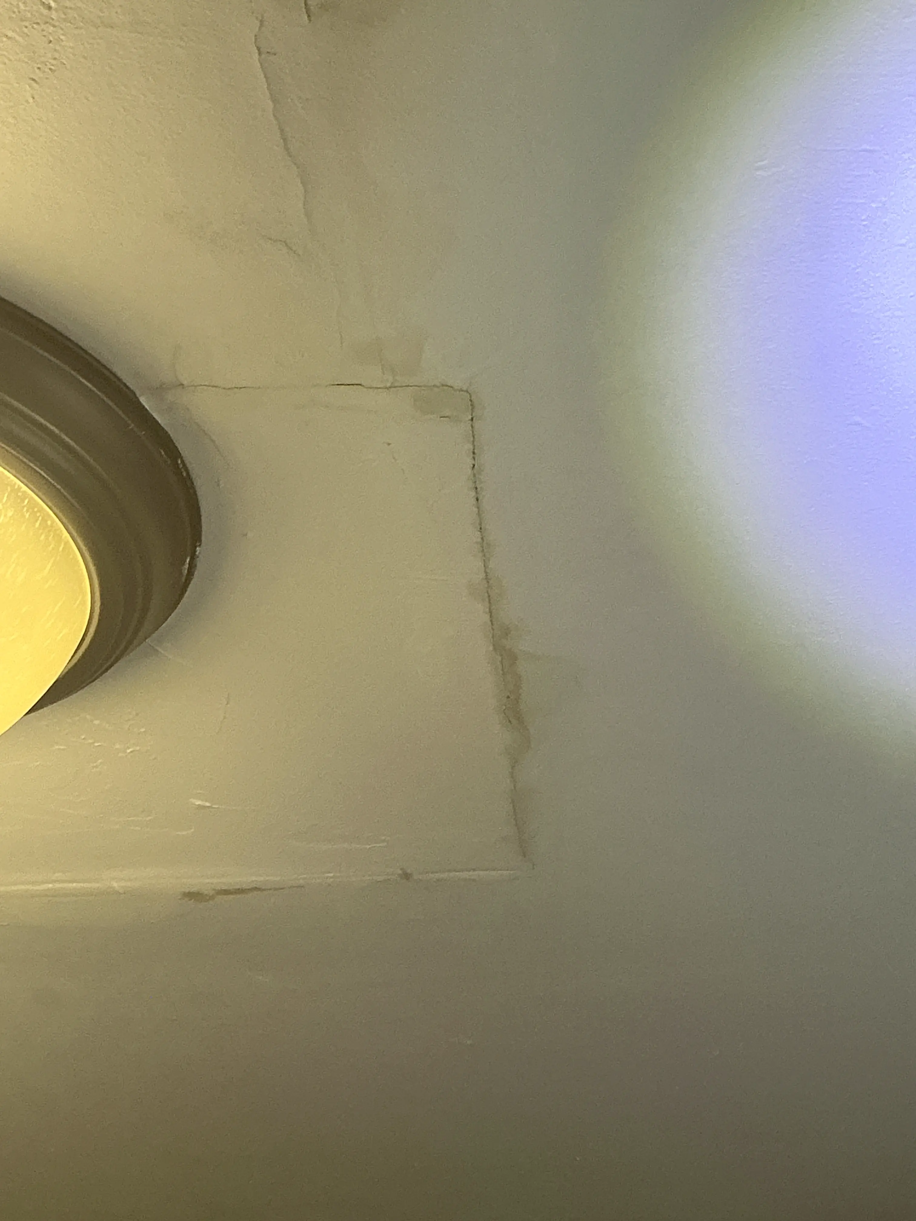 Water stain and moisture damage on ceiling during indoor air quality testing 2026-08-01