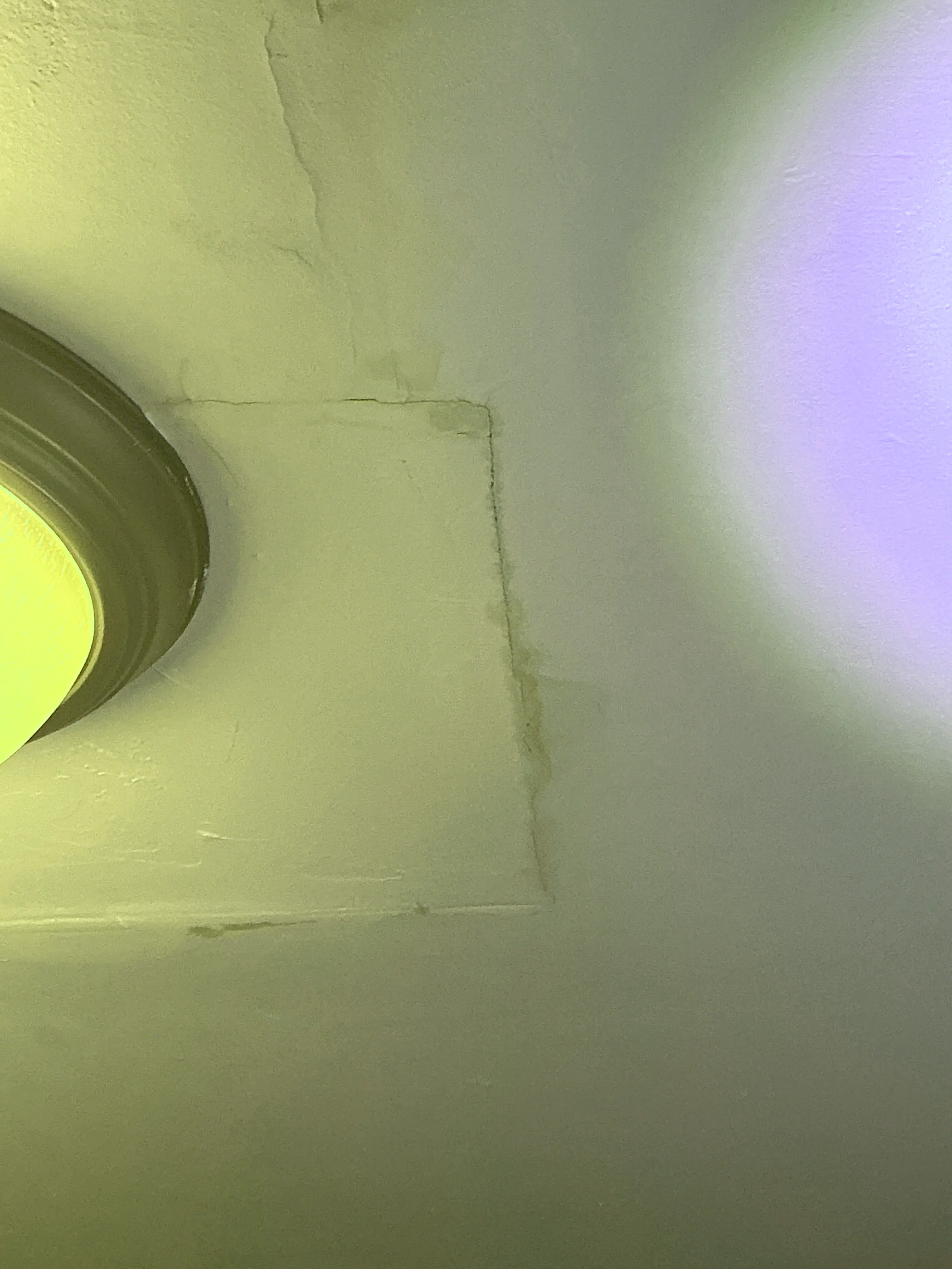 Water stain and moisture damage on ceiling during indoor air quality testing 2026-08-04