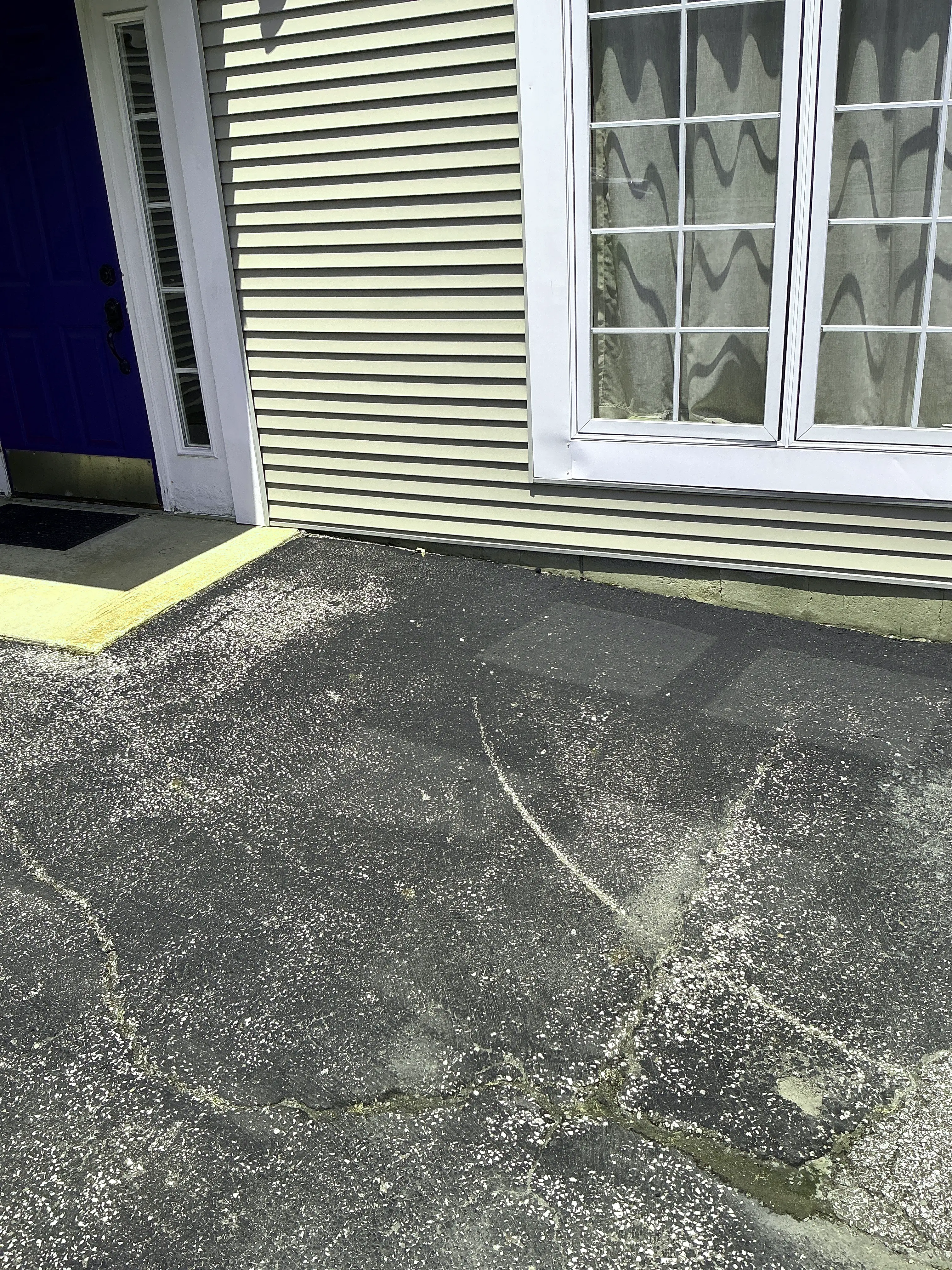 Severe cracking and surface deterioration in asphalt driveway next to home exterior 2026-08-19