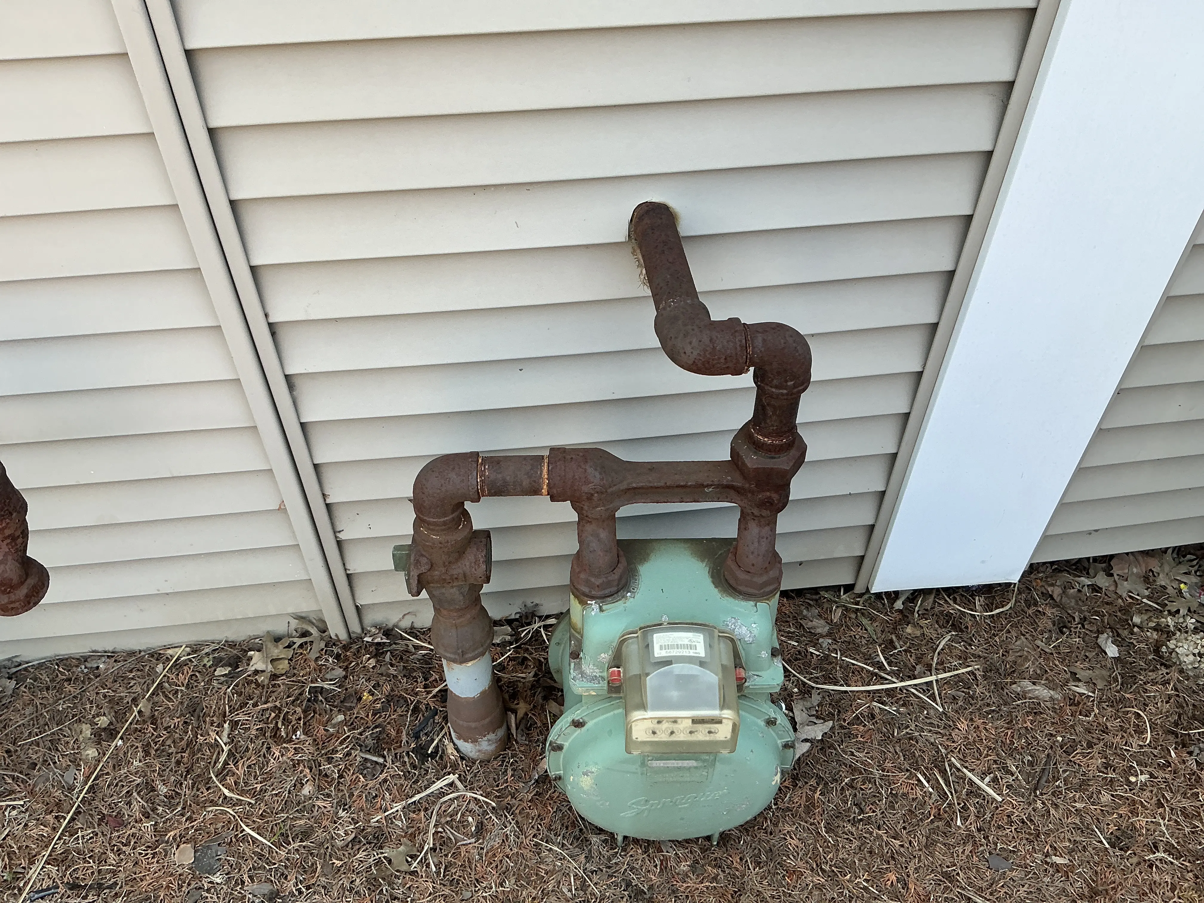 Rusted exterior gas meter piping against vinyl house siding 2026-08-17