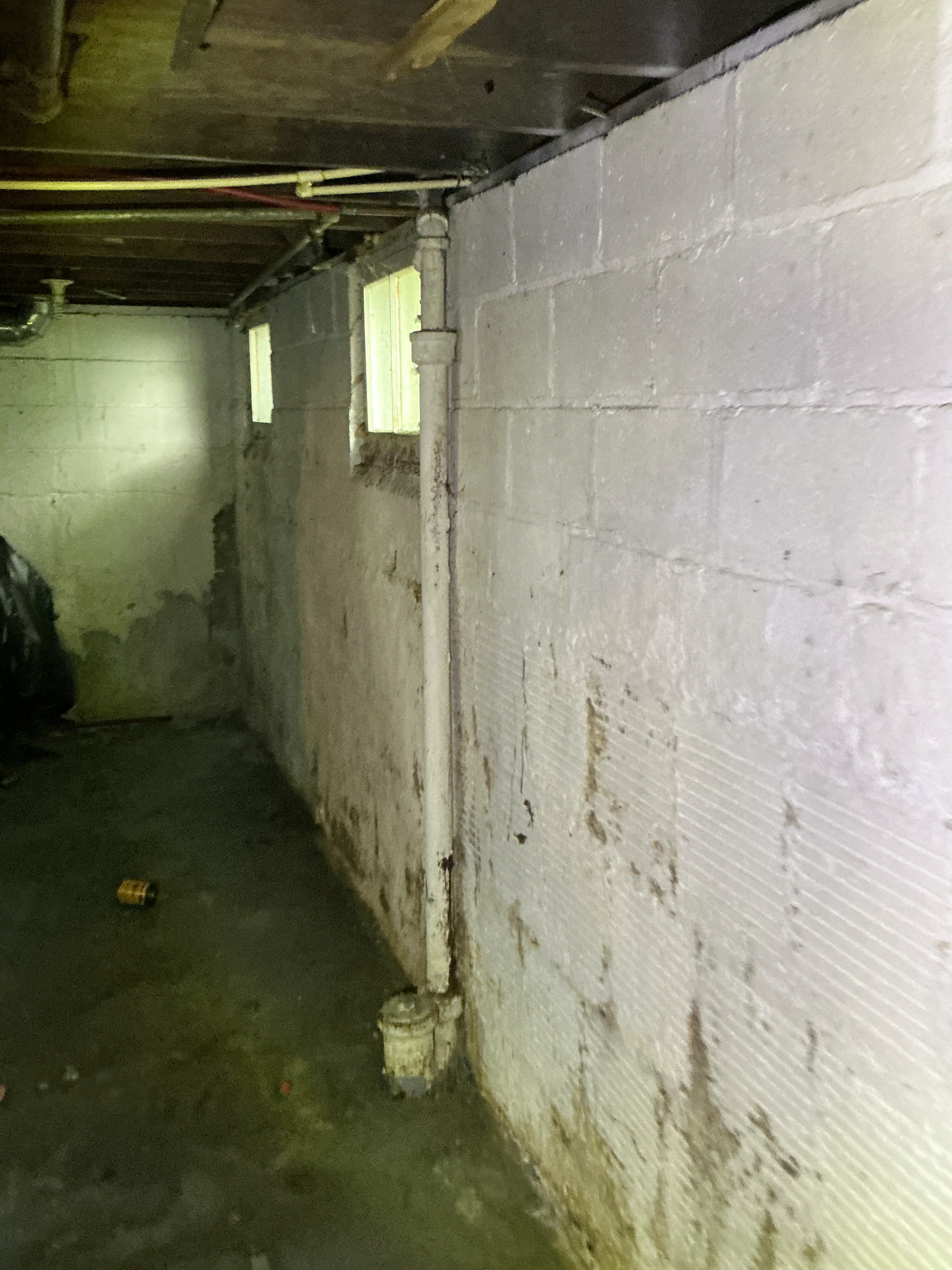 Water staining and moisture damage on concrete ceiling blocks during lead inspection 2026-07-28