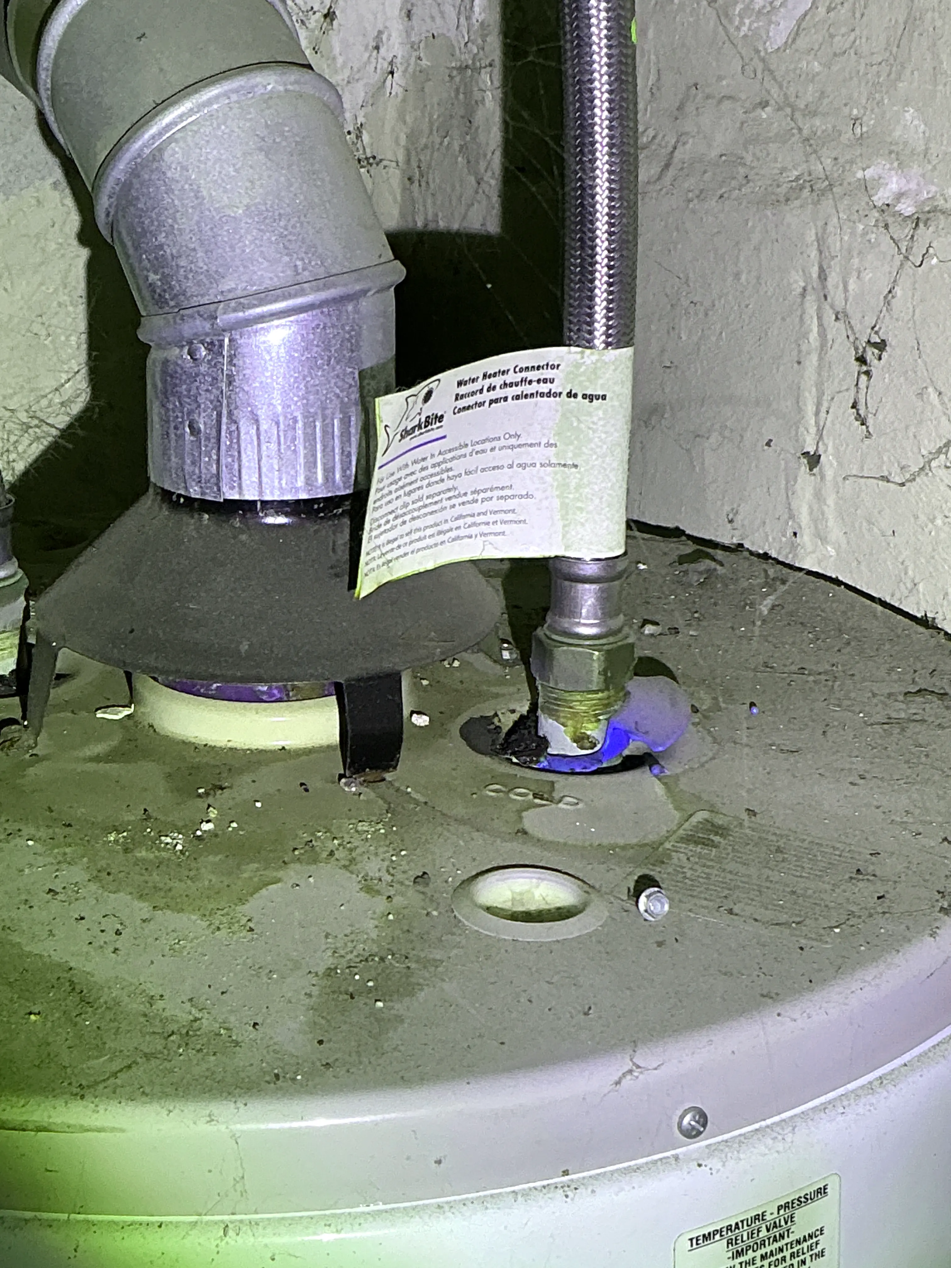 Corrosion and leakage signs on a water heater pipe connection 2026-08-24