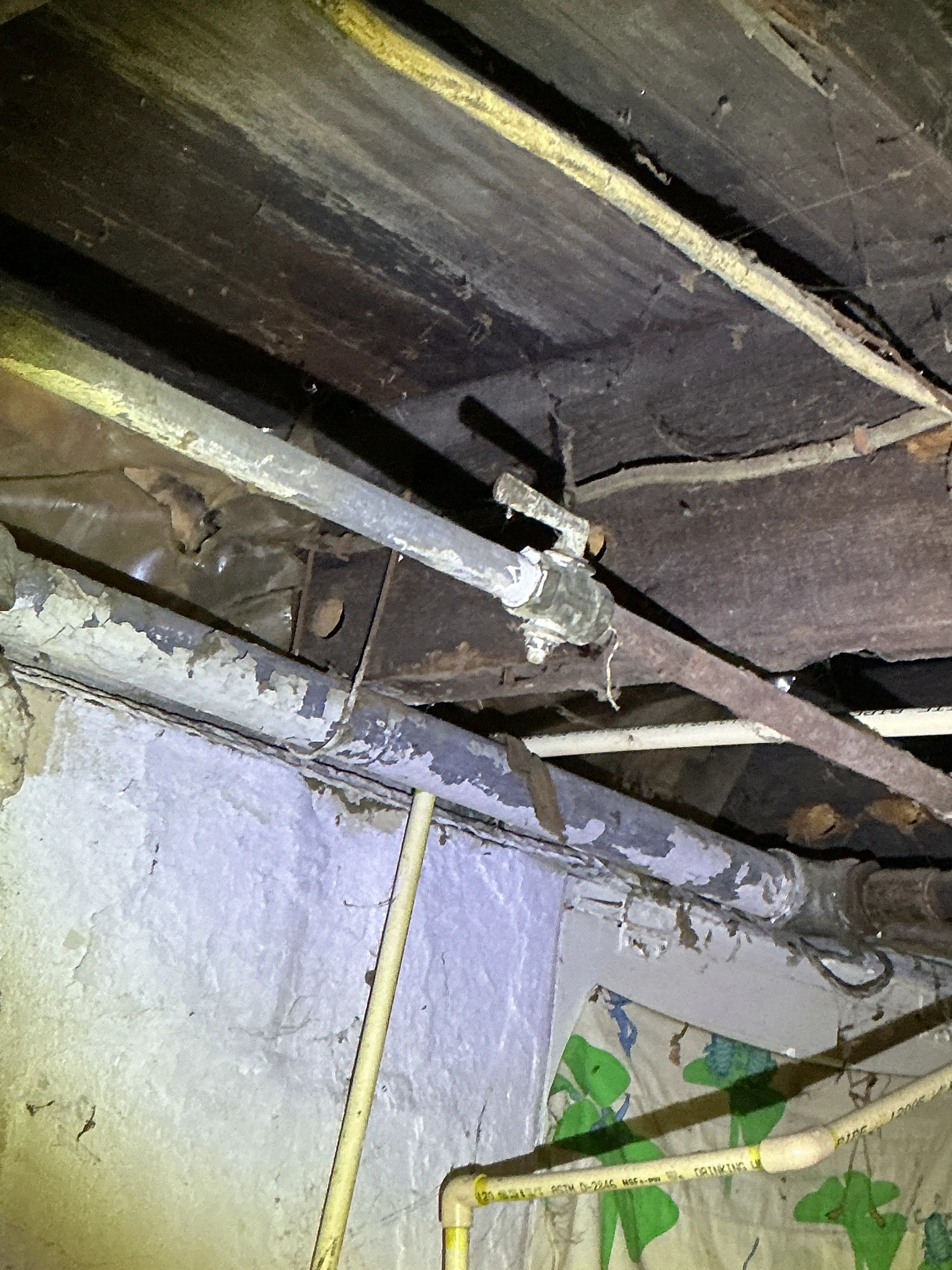 Corroded metal pipes and CPVC plumbing lines in crawl space 2026-08-16