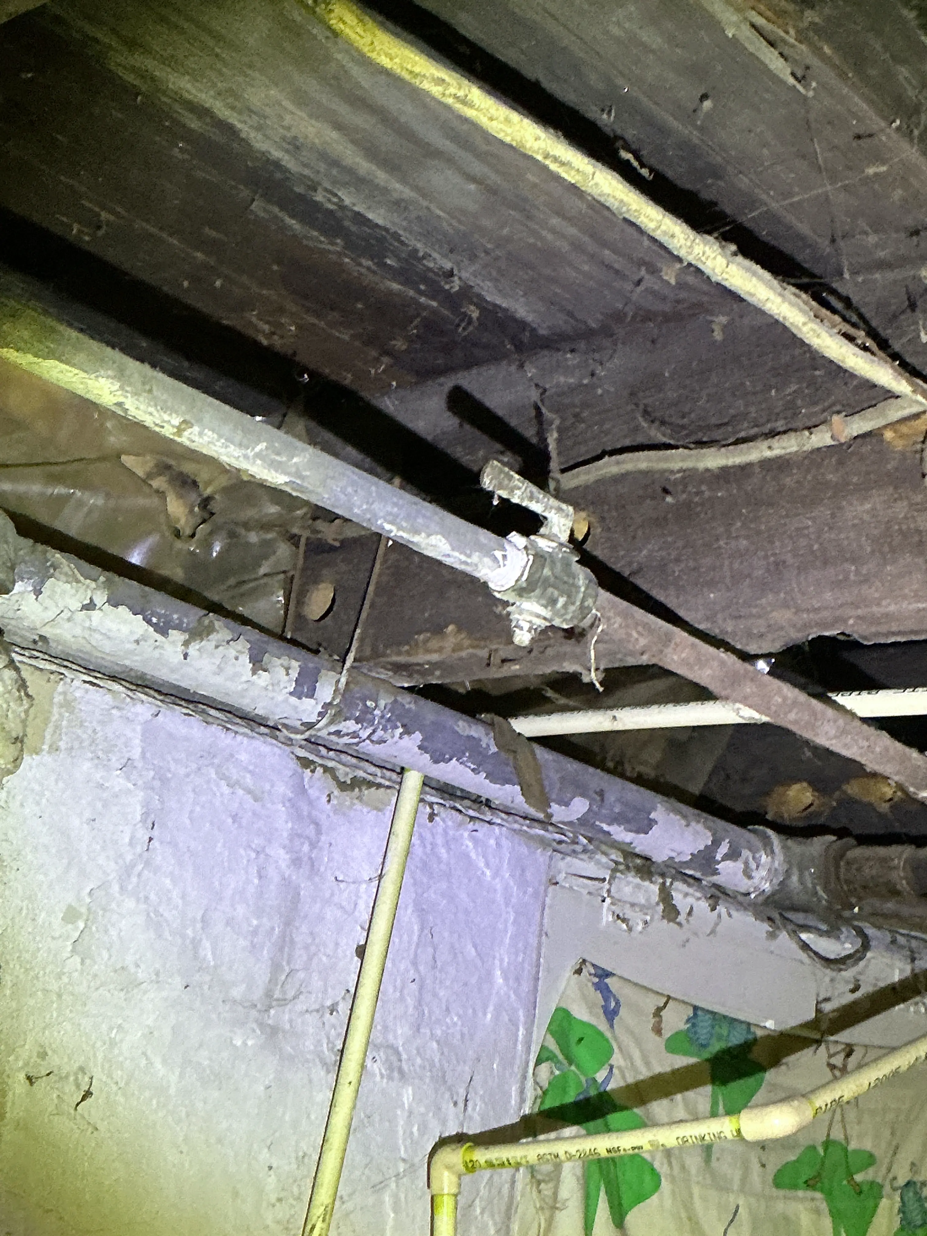 Corroded metal pipes and CPVC plumbing lines in crawl space 2026-08-17