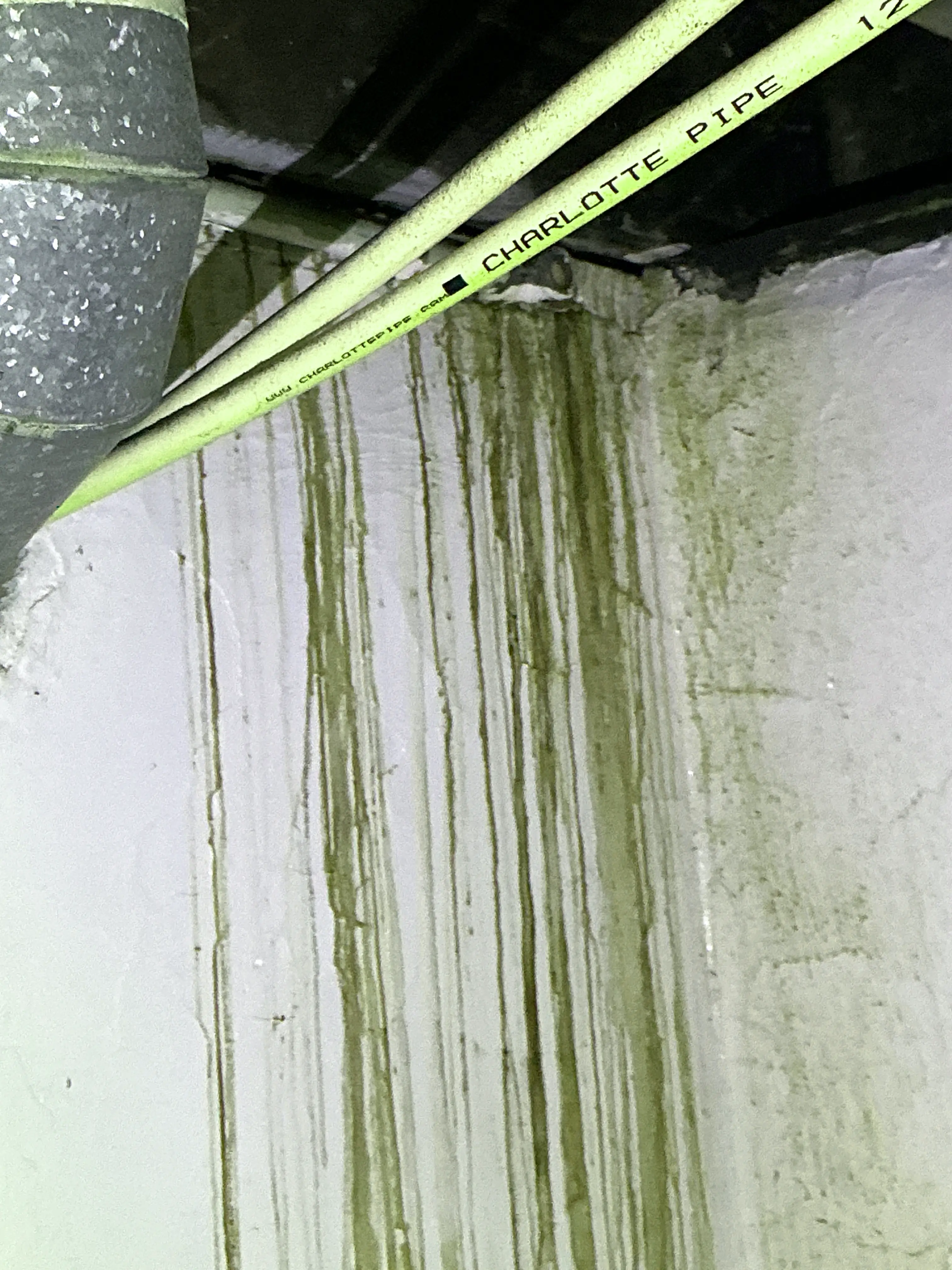 Water staining and moisture damage on ceiling joists near plumbing pipes 2026-08-16