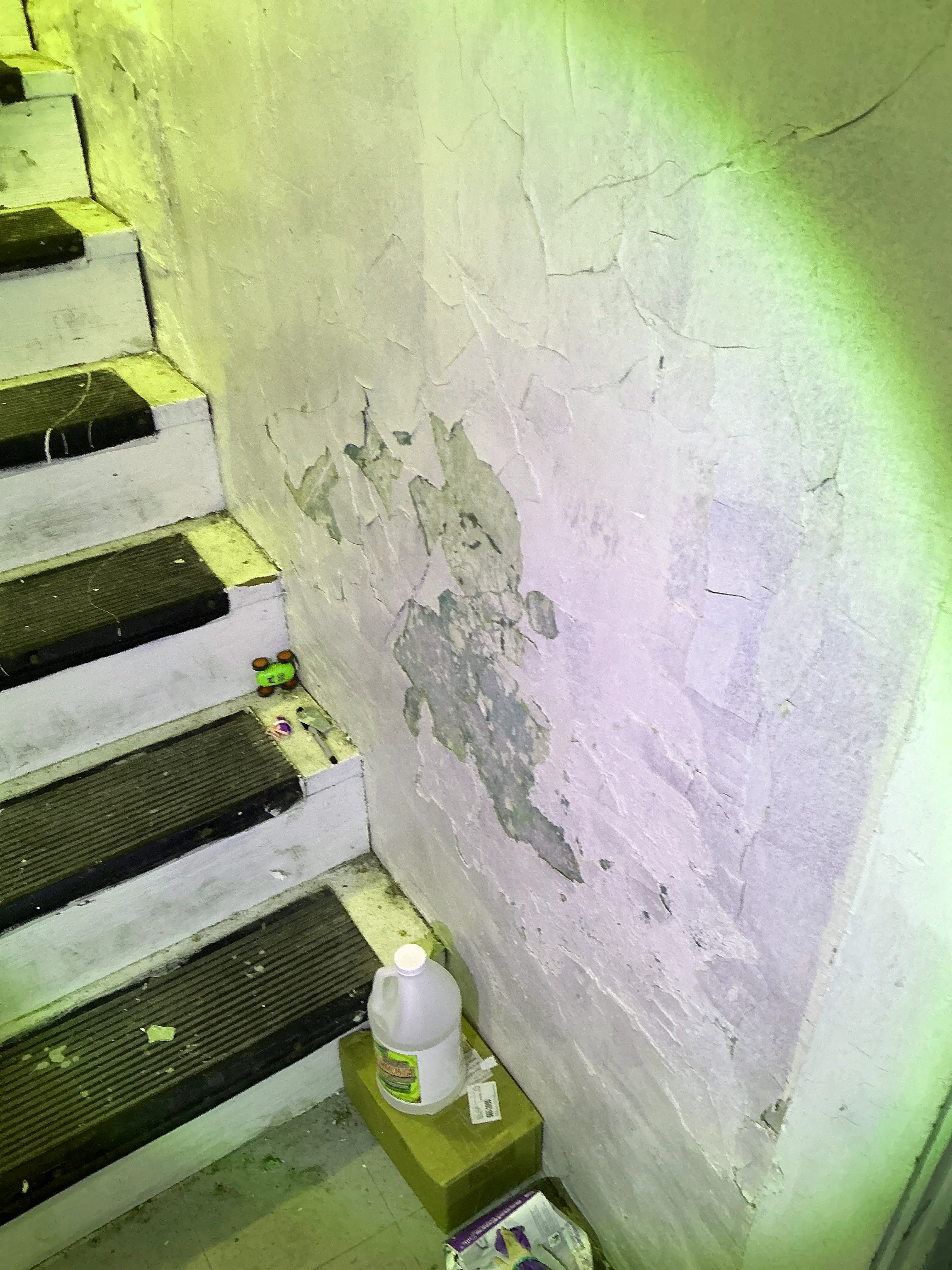 Severe paint peeling and plaster damage on wall above staircase 2026-08-31