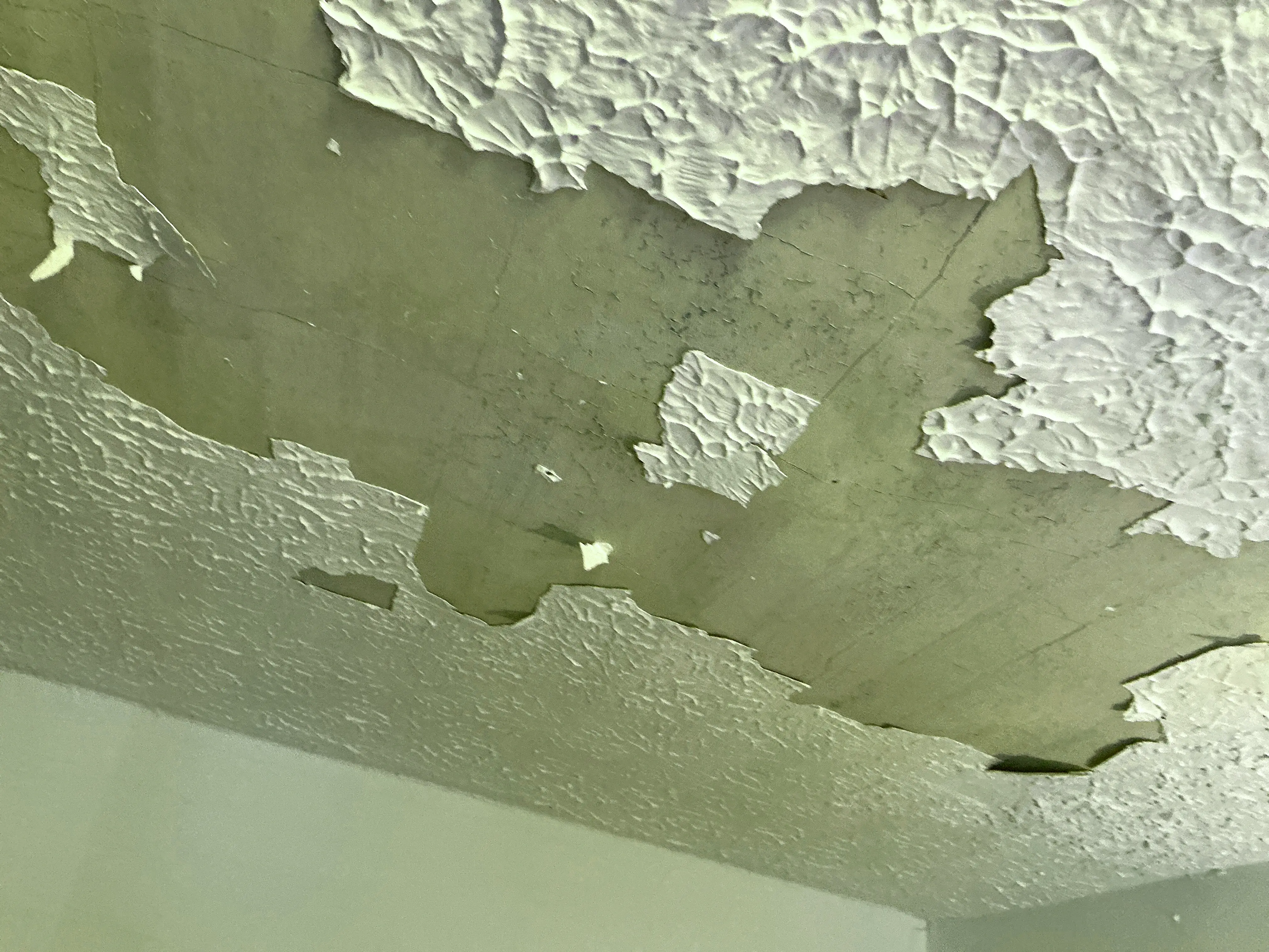 Peeling textured ceiling finish exposing bare drywall from moisture damage or adhesion failure 2026-07-28