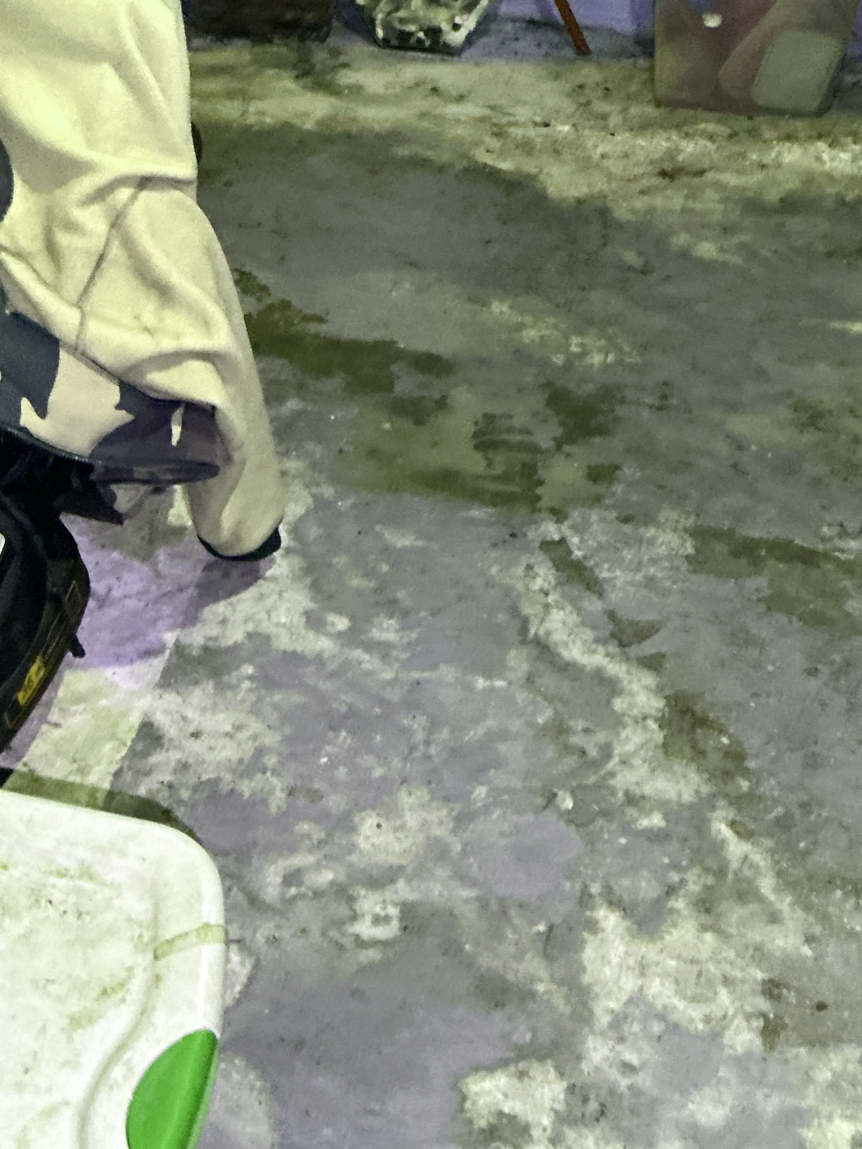 Efflorescence and moisture staining on concrete basement floor during a home inspection 2026-07-07