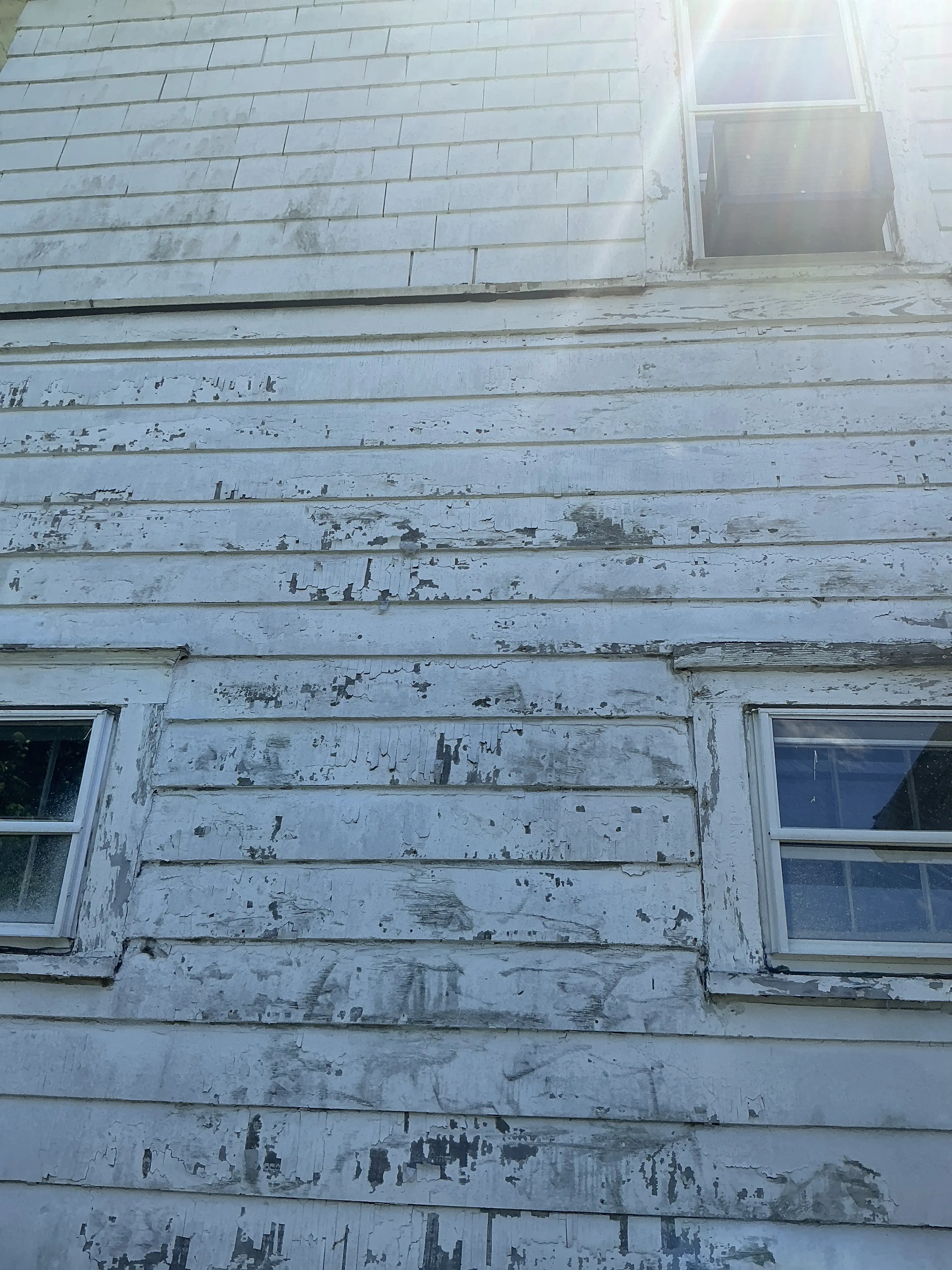 Peeling exterior paint on wood wall siding during a mold inspection 2026-08-03