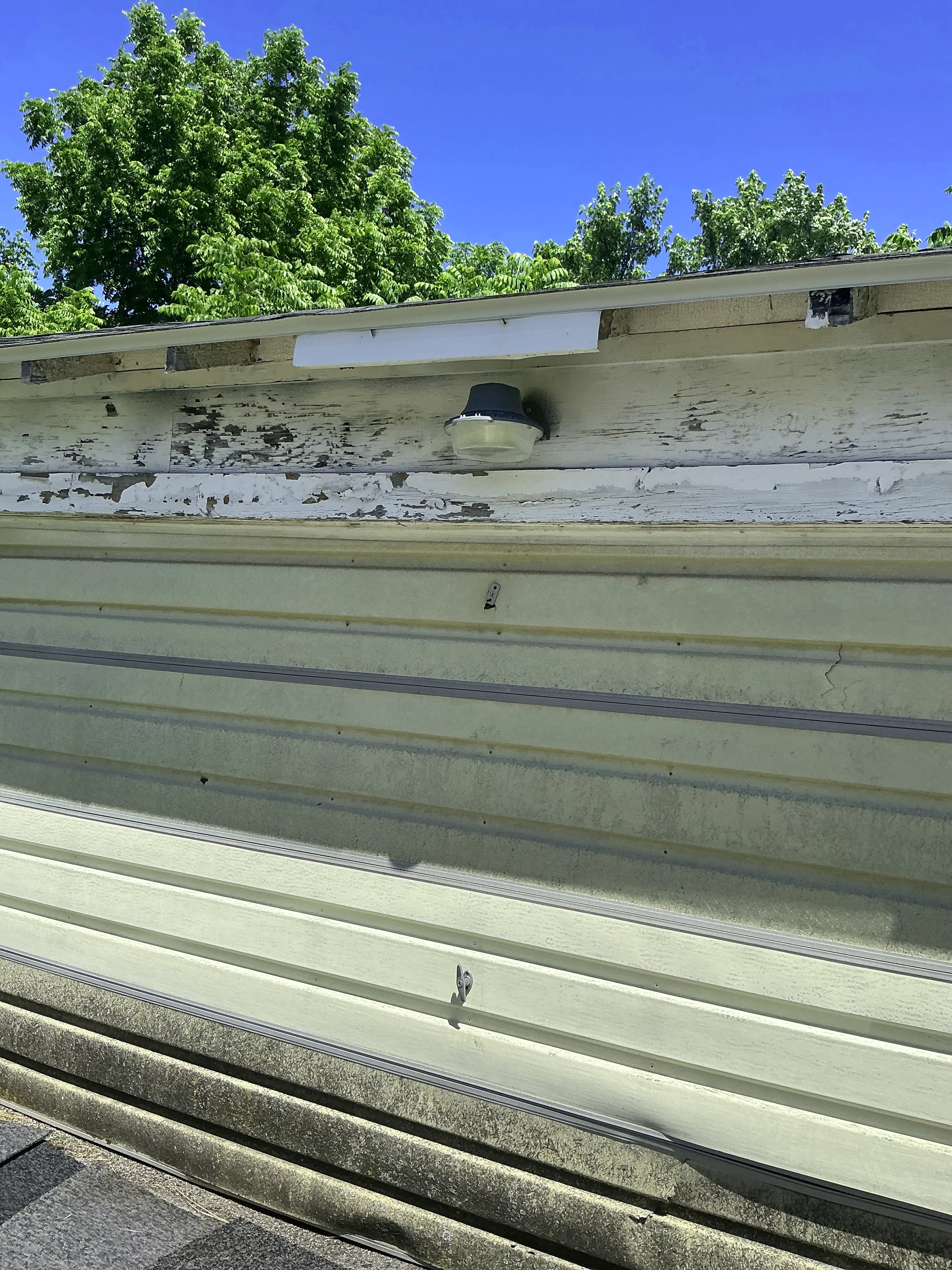 Peeling paint on exterior wooden trim and soffit board 2026-08-07