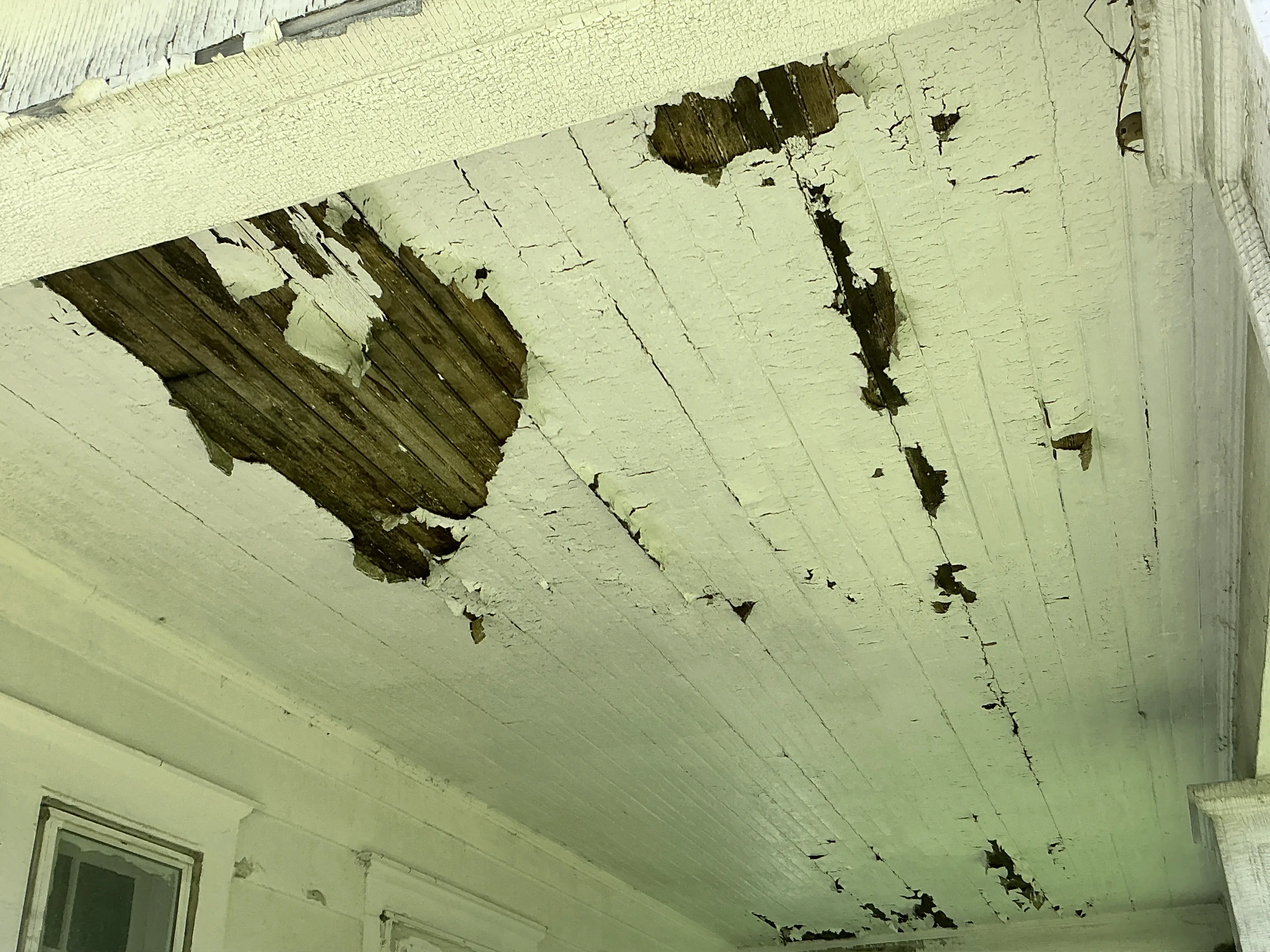 Severe peeling white paint and damaged wood beadboard on an exterior porch ceiling 2026-08-27