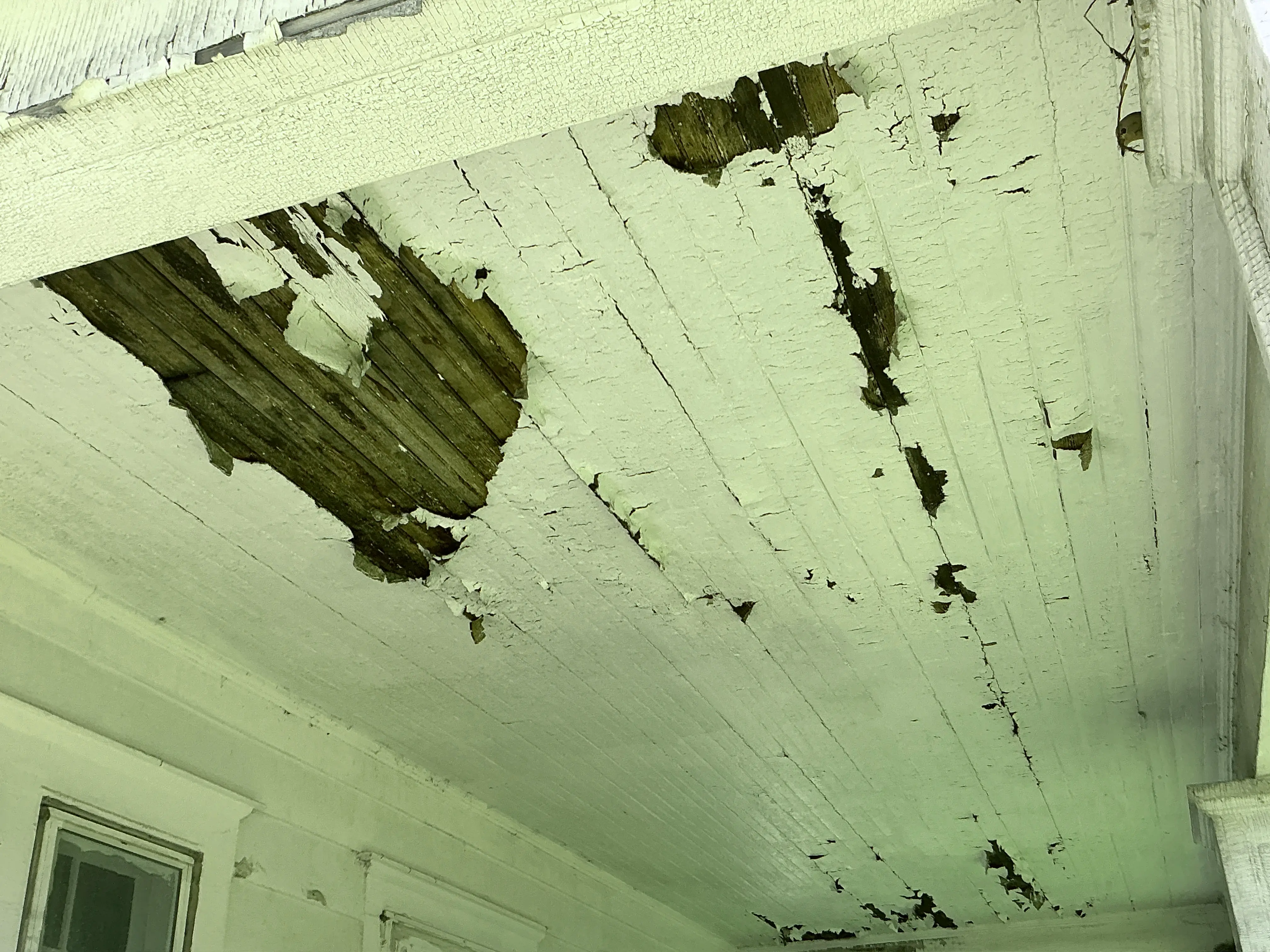 Severe peeling white paint and damaged wood beadboard on an exterior porch ceiling 2026-08-27