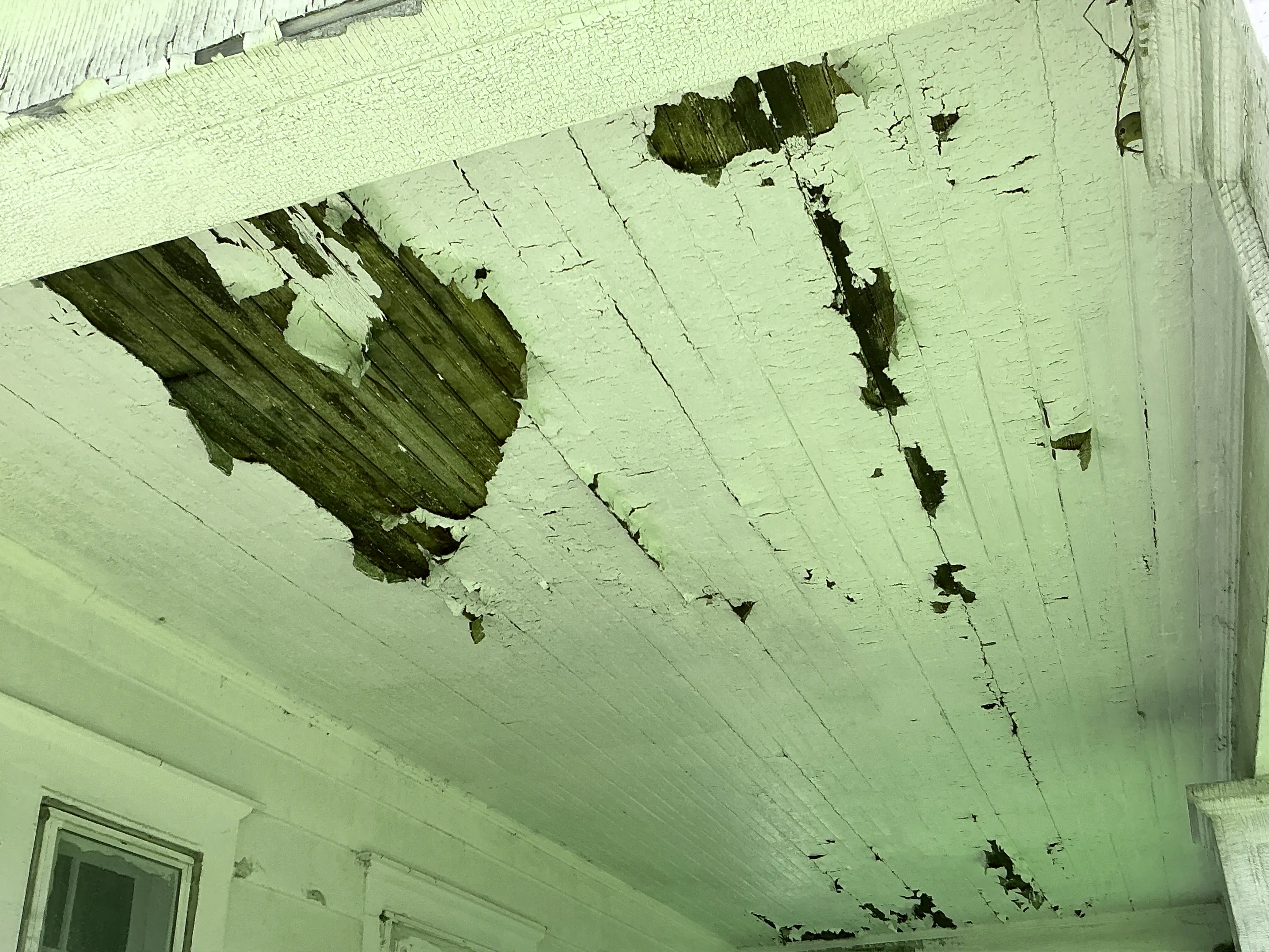 Severe peeling white paint and damaged wood beadboard on an exterior porch ceiling 2026-07-08