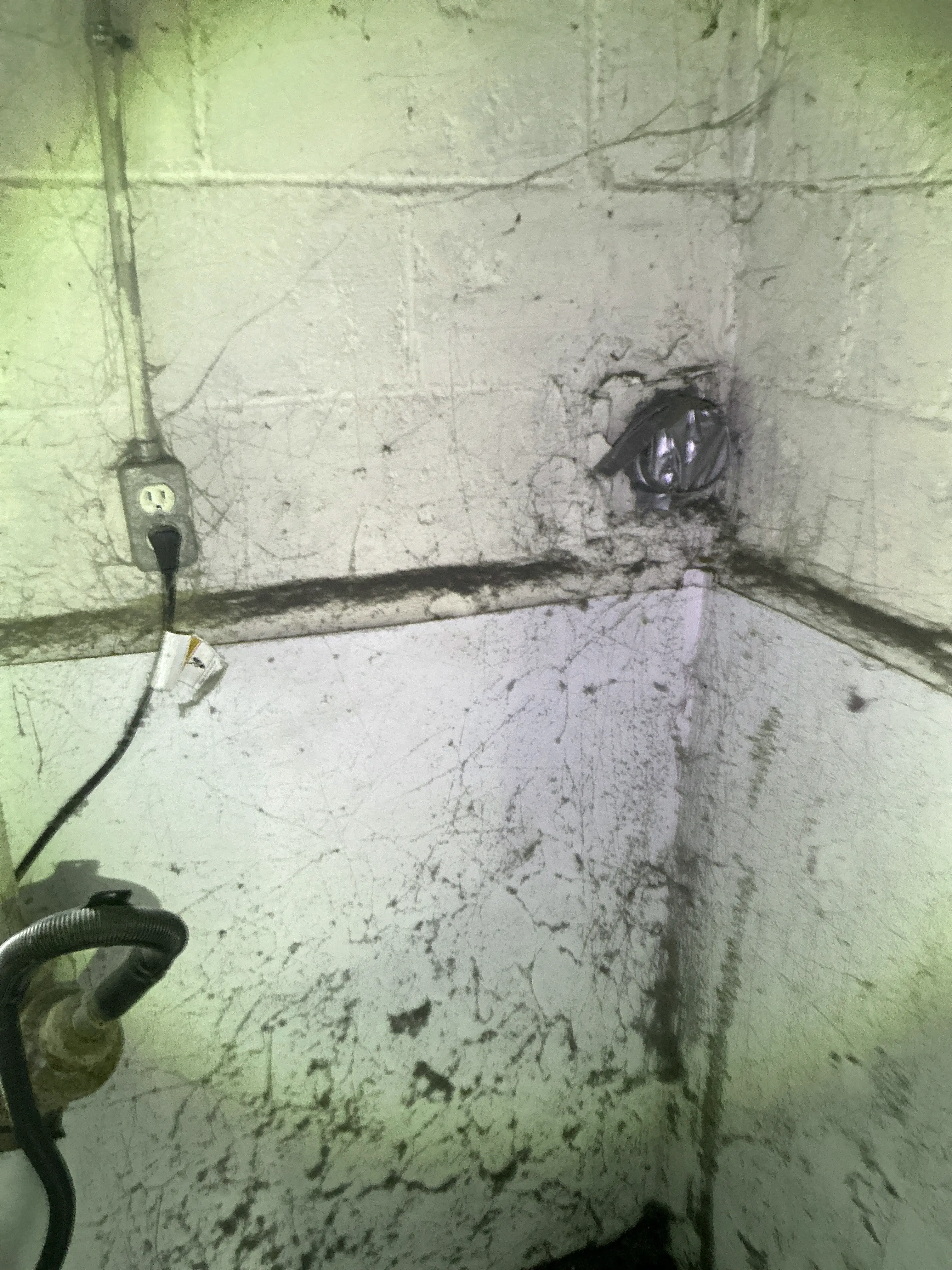 Improperly sealed wall penetration taped shut in basement near electrical outlet 2026-07-08