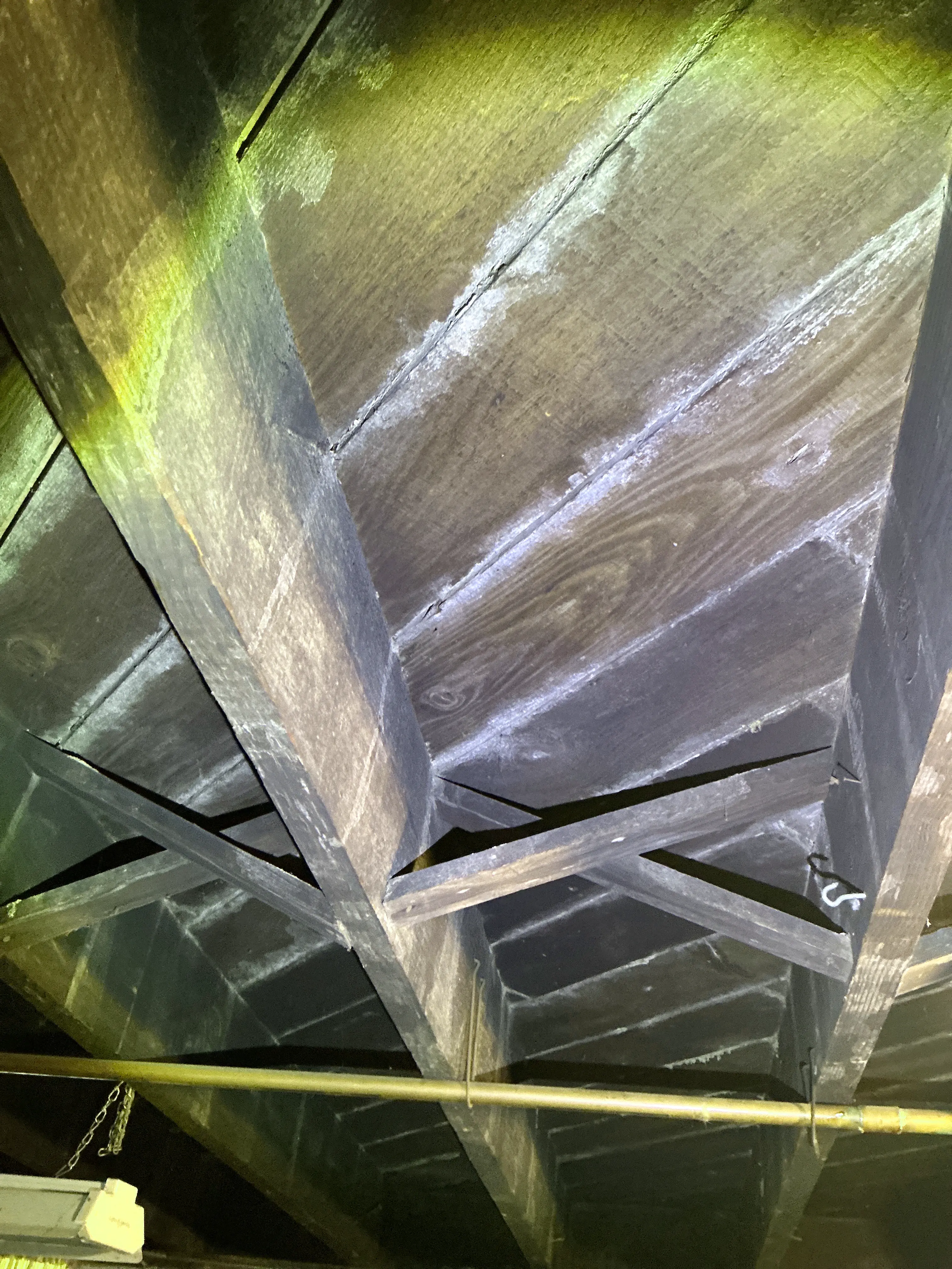 Moisture staining and white mold or mineral residue on attic wooden framing during home inspection 2026-07-16