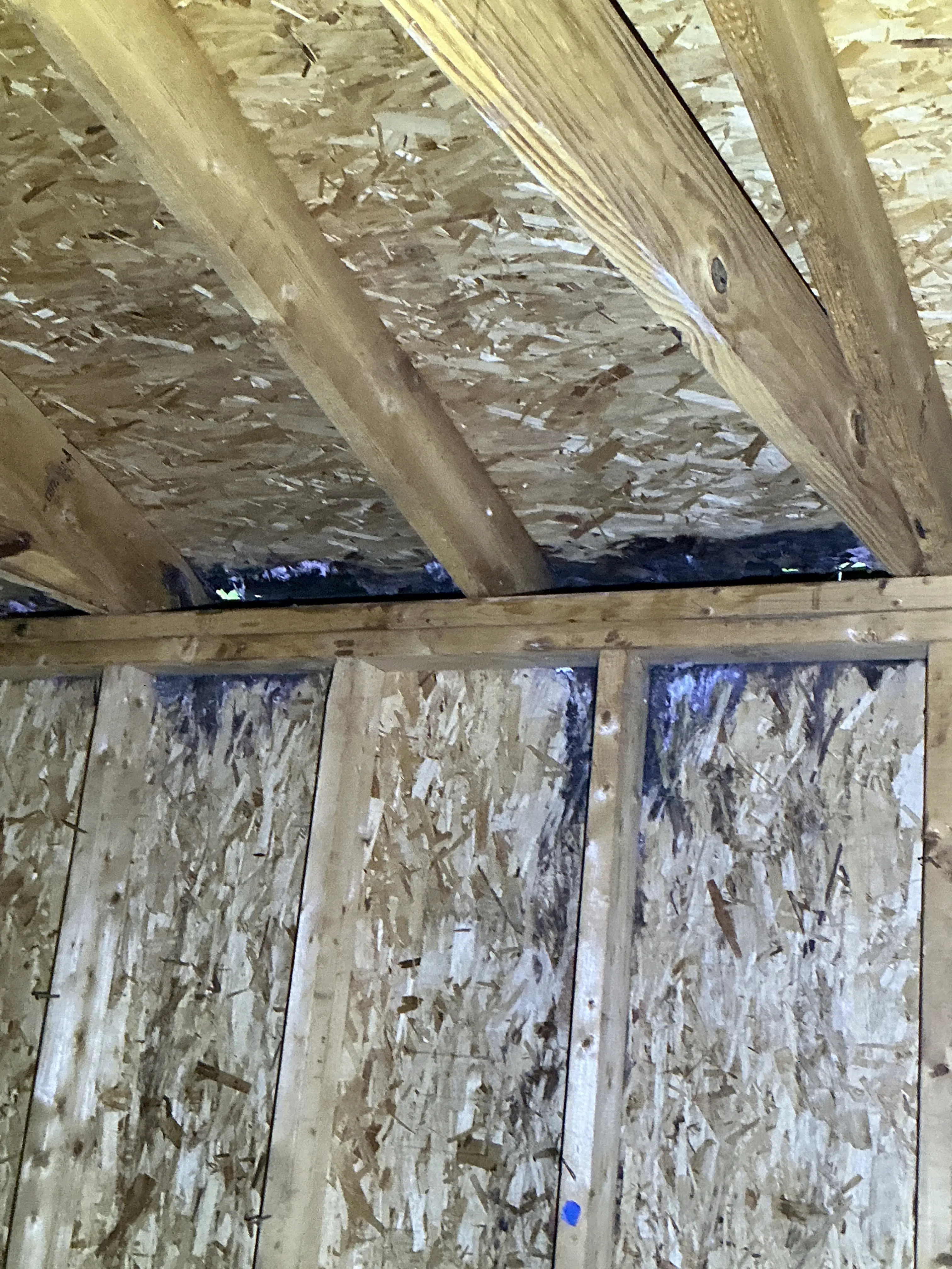 Gap in attic OSB roof sheathing allowing daylight and moisture damage 2026-07-22