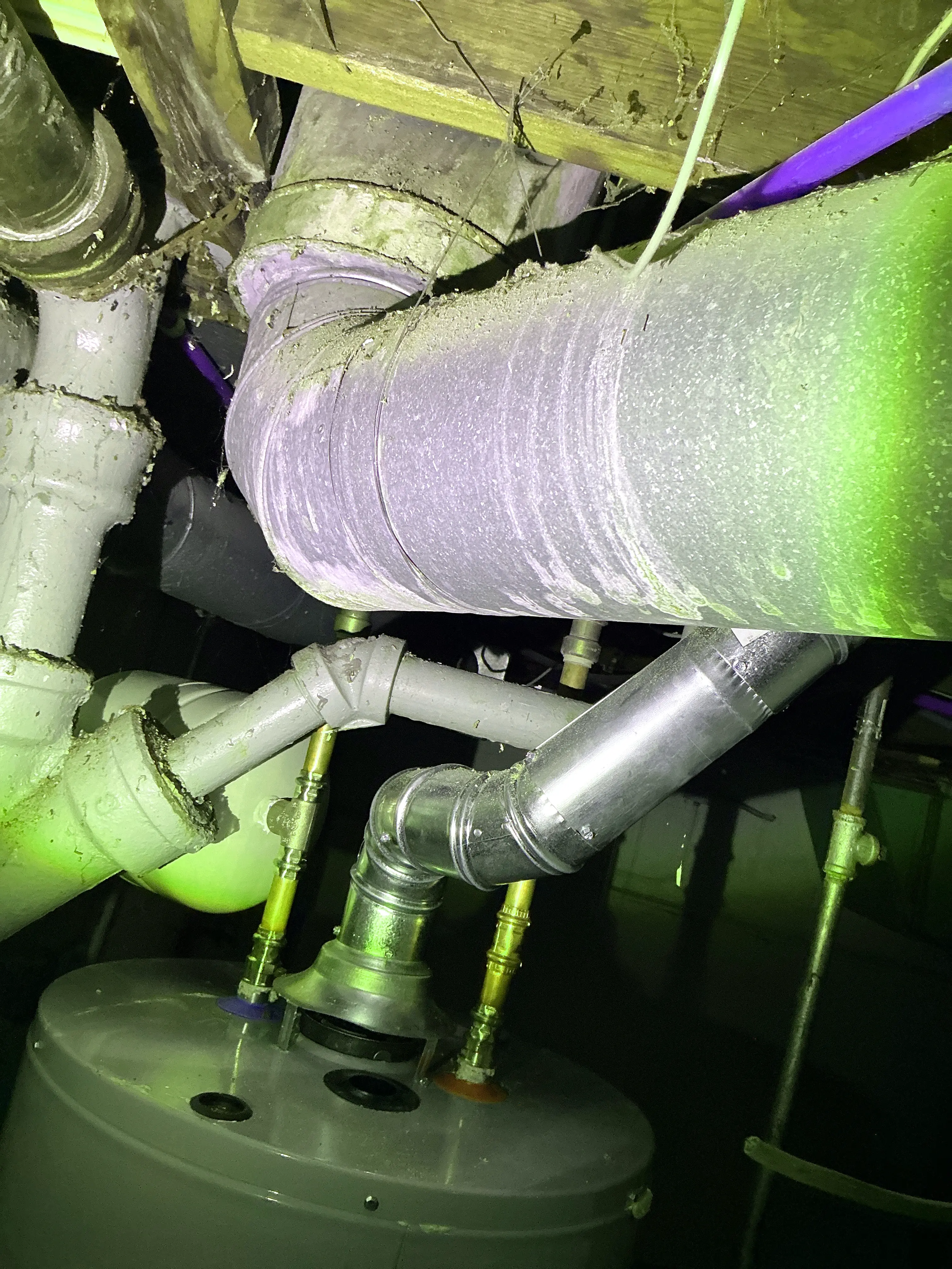 Water heater metal flue pipe and plumbing lines during a home inspection 2026-07-04