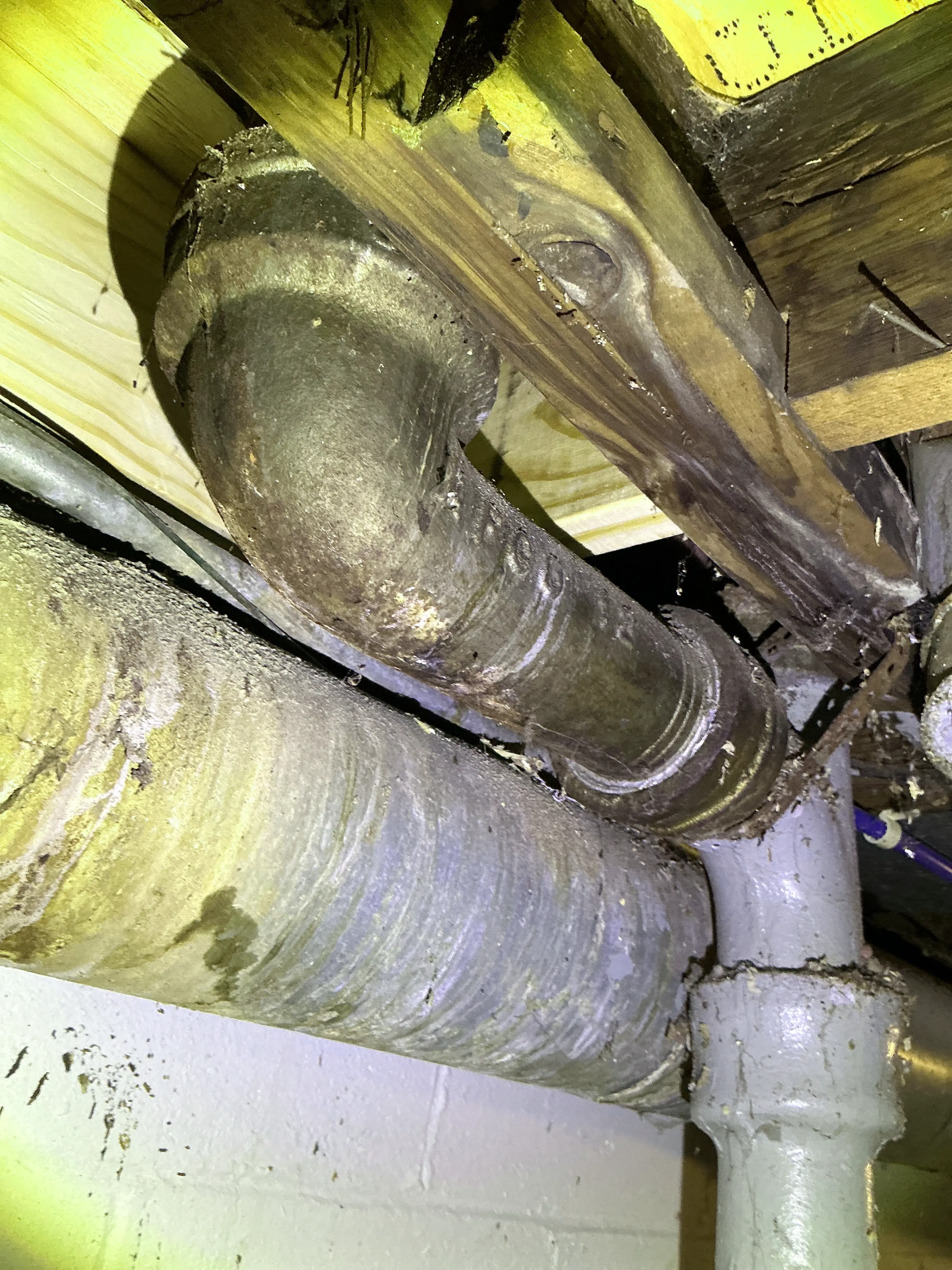 Old cast iron plumbing pipe and insulated line in basement ceiling framing 2026-08-10