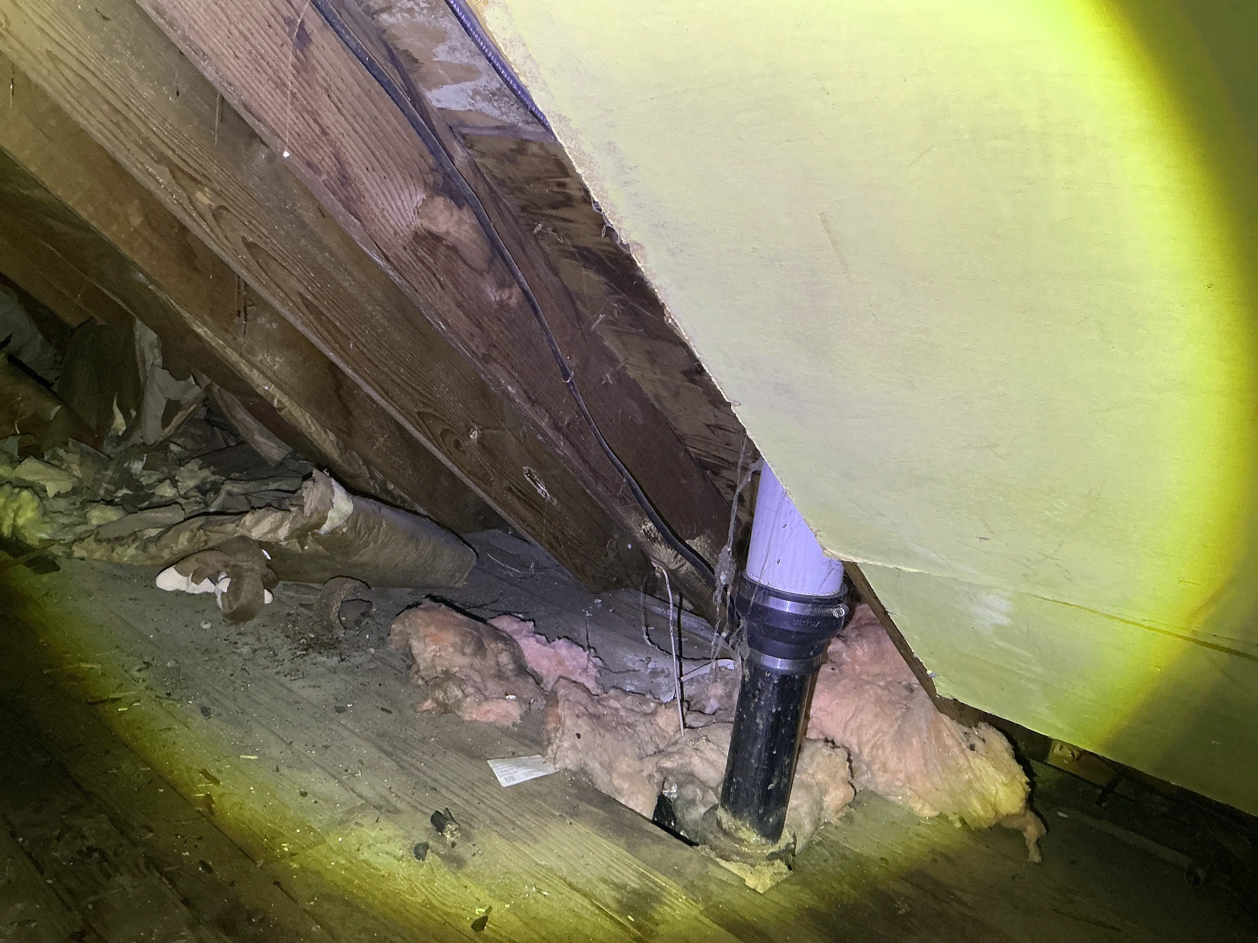 Attic space with exposed pink fiberglass insulation, wooden rafters, and a vertical plumbing vent pipe 2026-07-06
