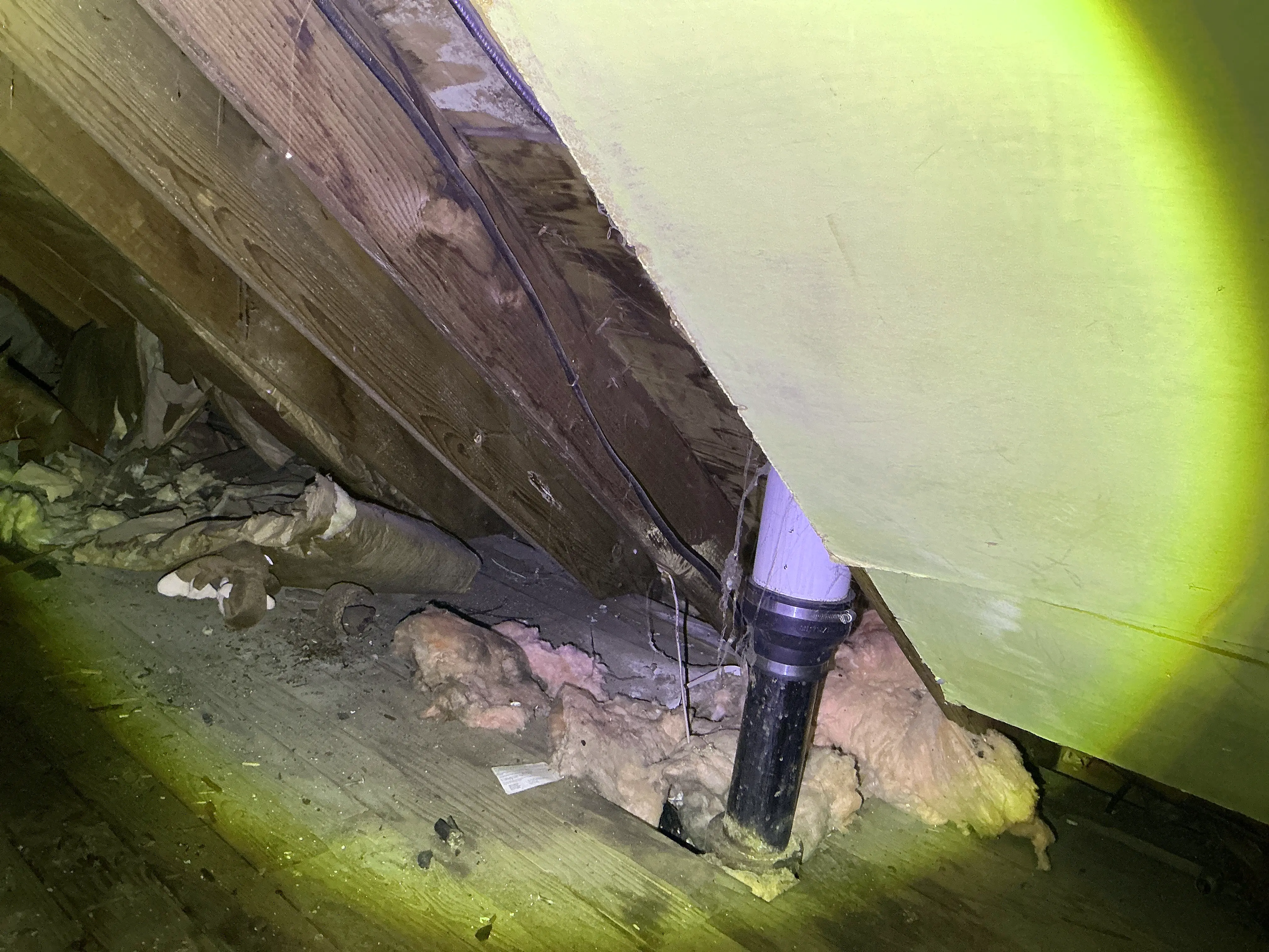 Attic space with exposed pink fiberglass insulation, wooden rafters, and a vertical plumbing vent pipe 2026-07-21