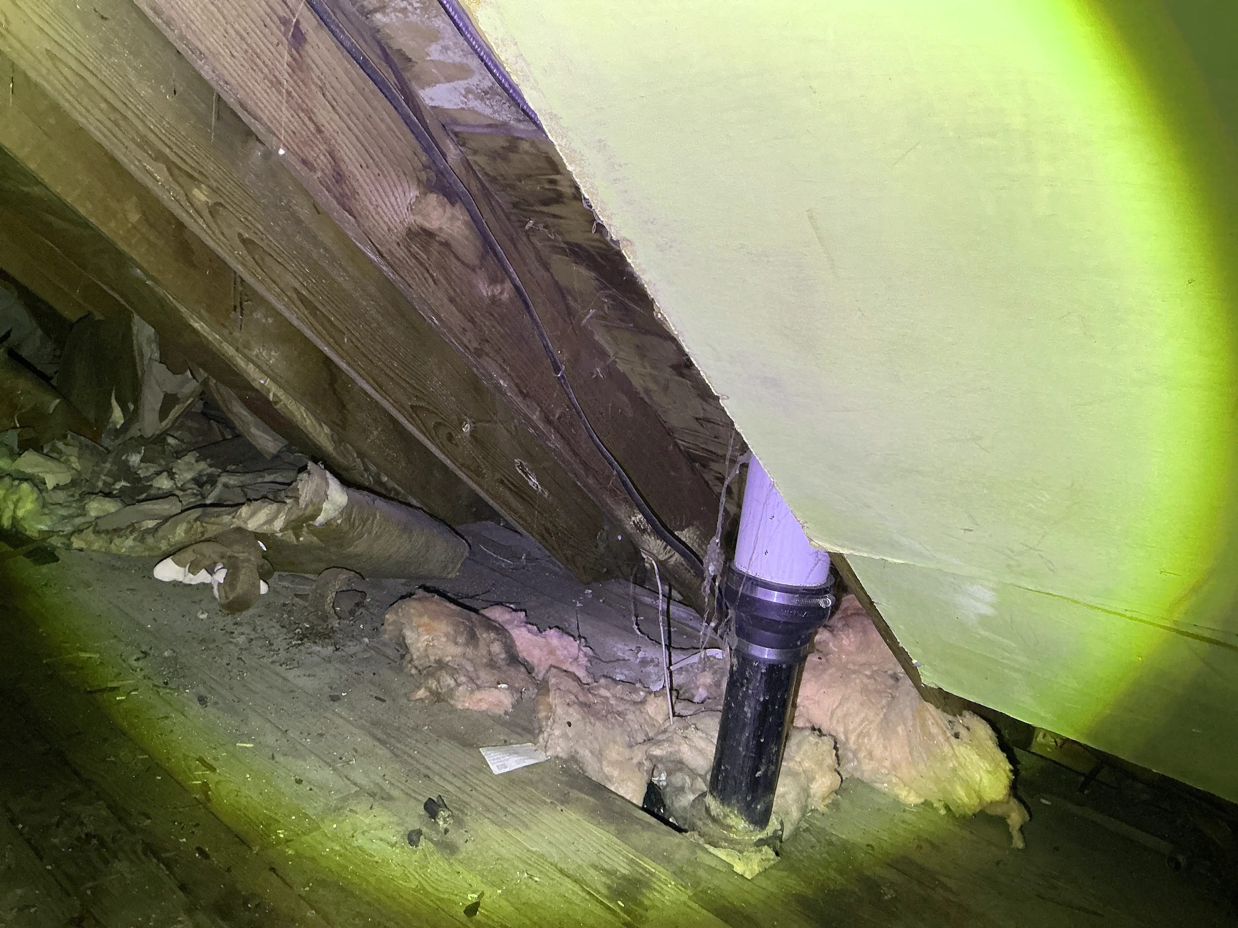 Attic space with exposed pink fiberglass insulation, wooden rafters, and a vertical plumbing vent pipe 2026-08-24