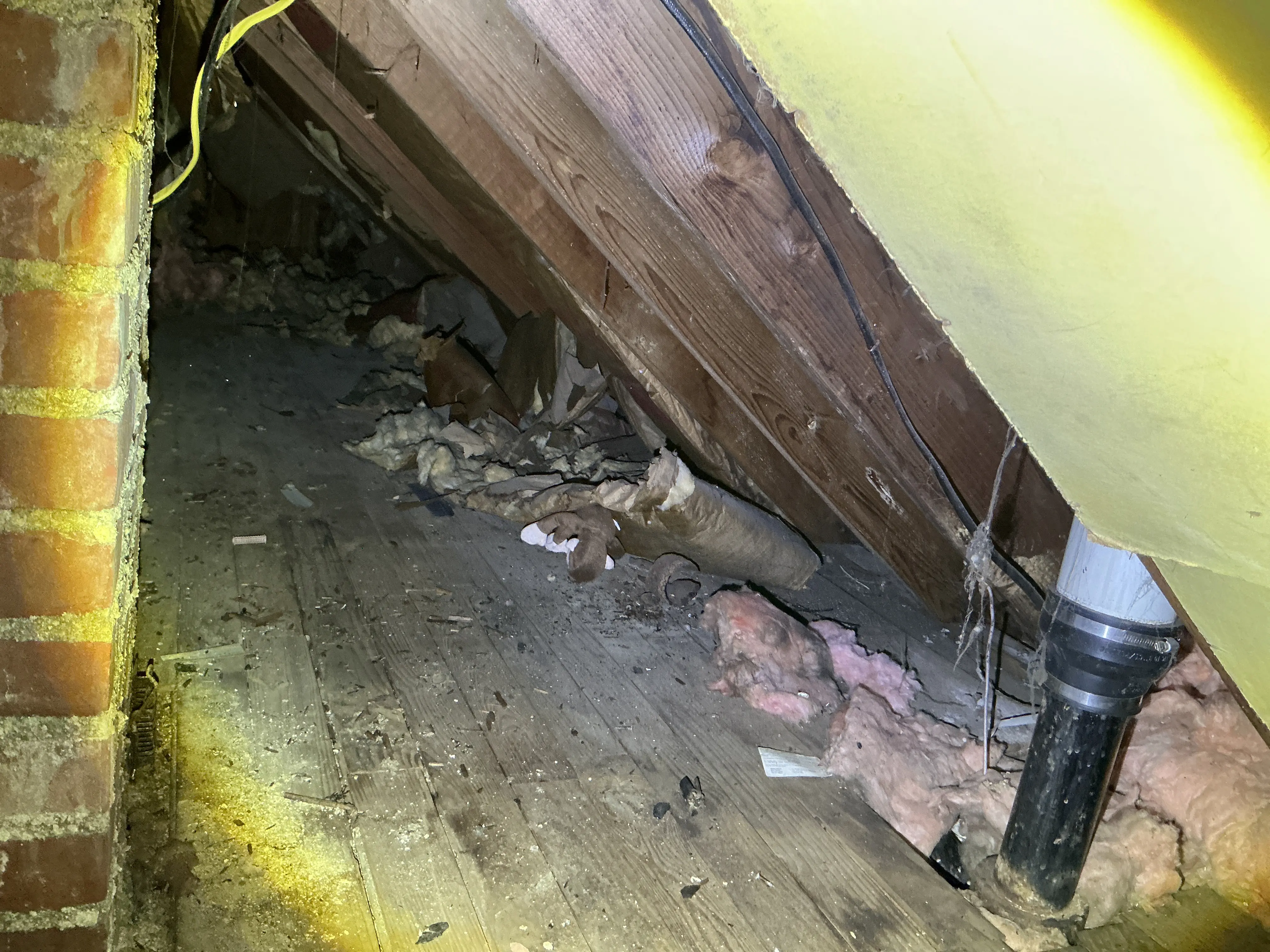 Damaged insulation and debris scattered in an attic crawl space near roof rafters and vent pipe 2026-08-06