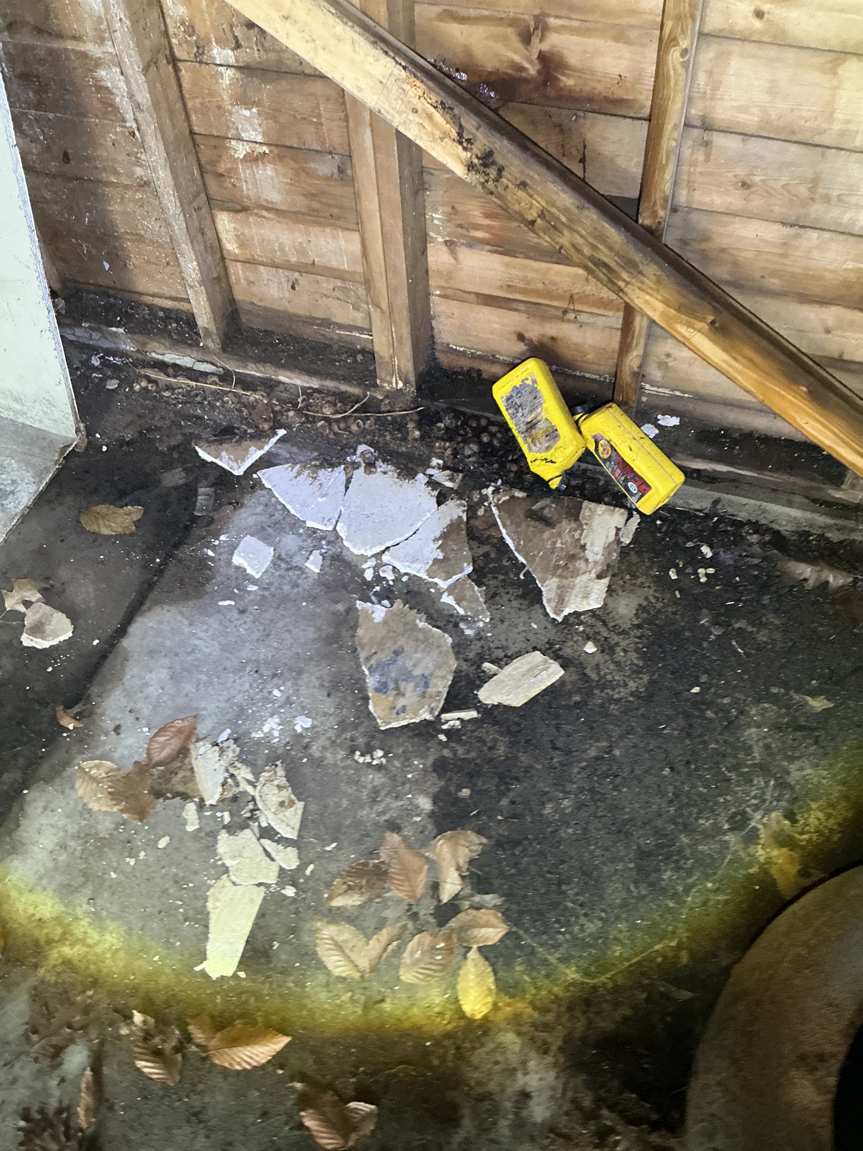 Broken drywall fragments and debris on concrete floor next to wooden wall framing 2026-07-26