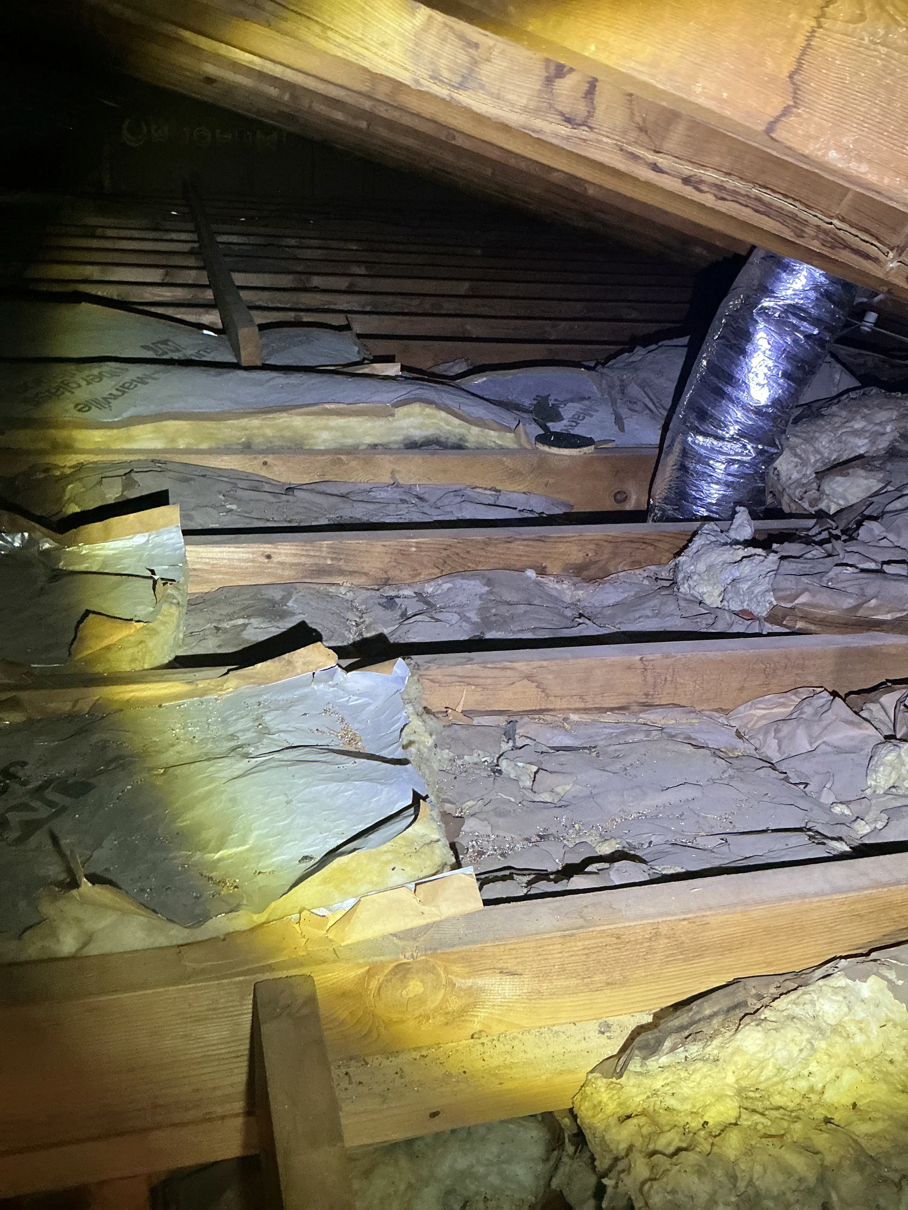 Damaged and missing fiberglass wall insulation inside an attic space during a lead inspection 2026-08-27