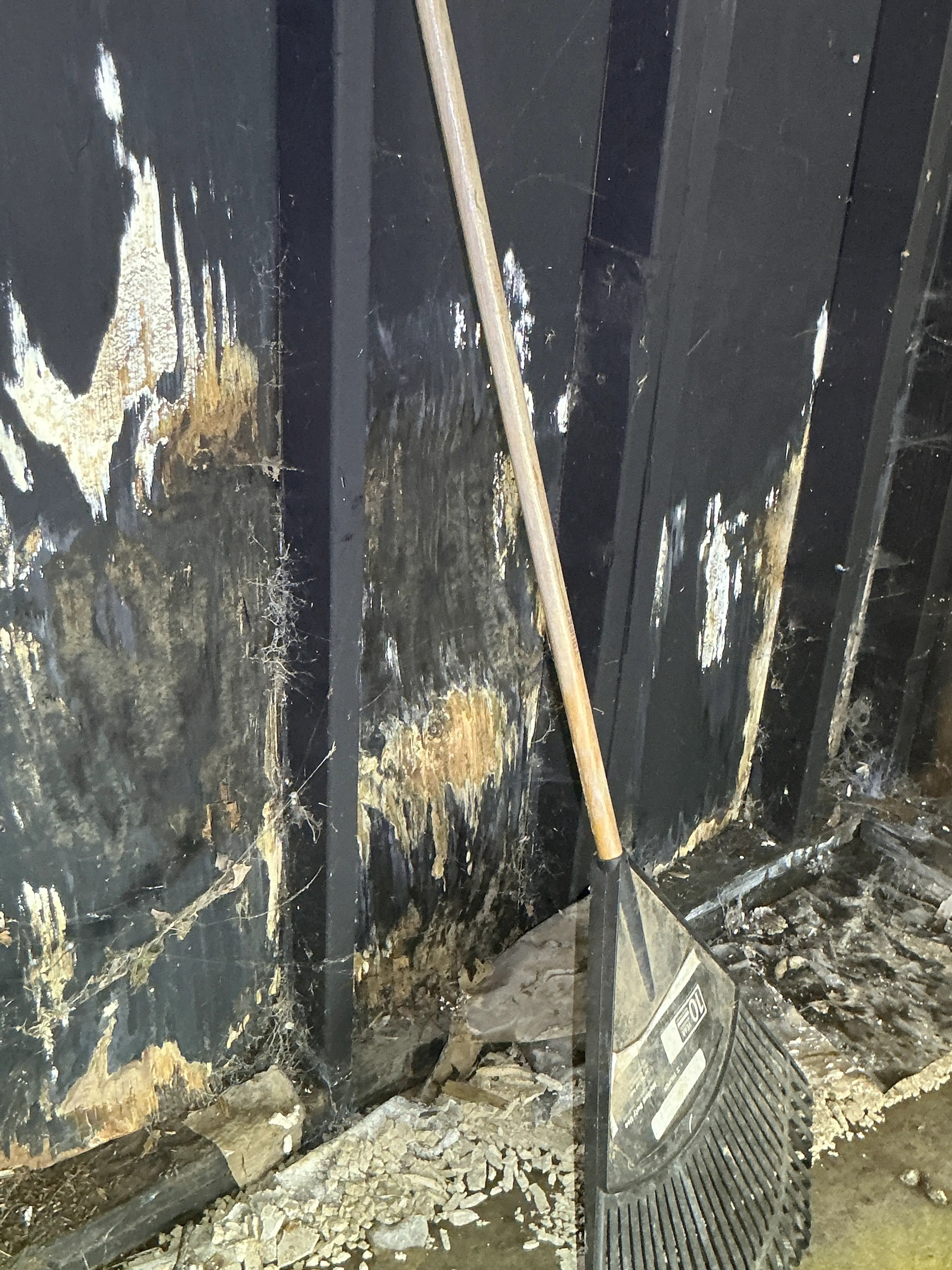 Severe wood rot and water damage on subflooring near foundation during home inspection. 2026-08-25