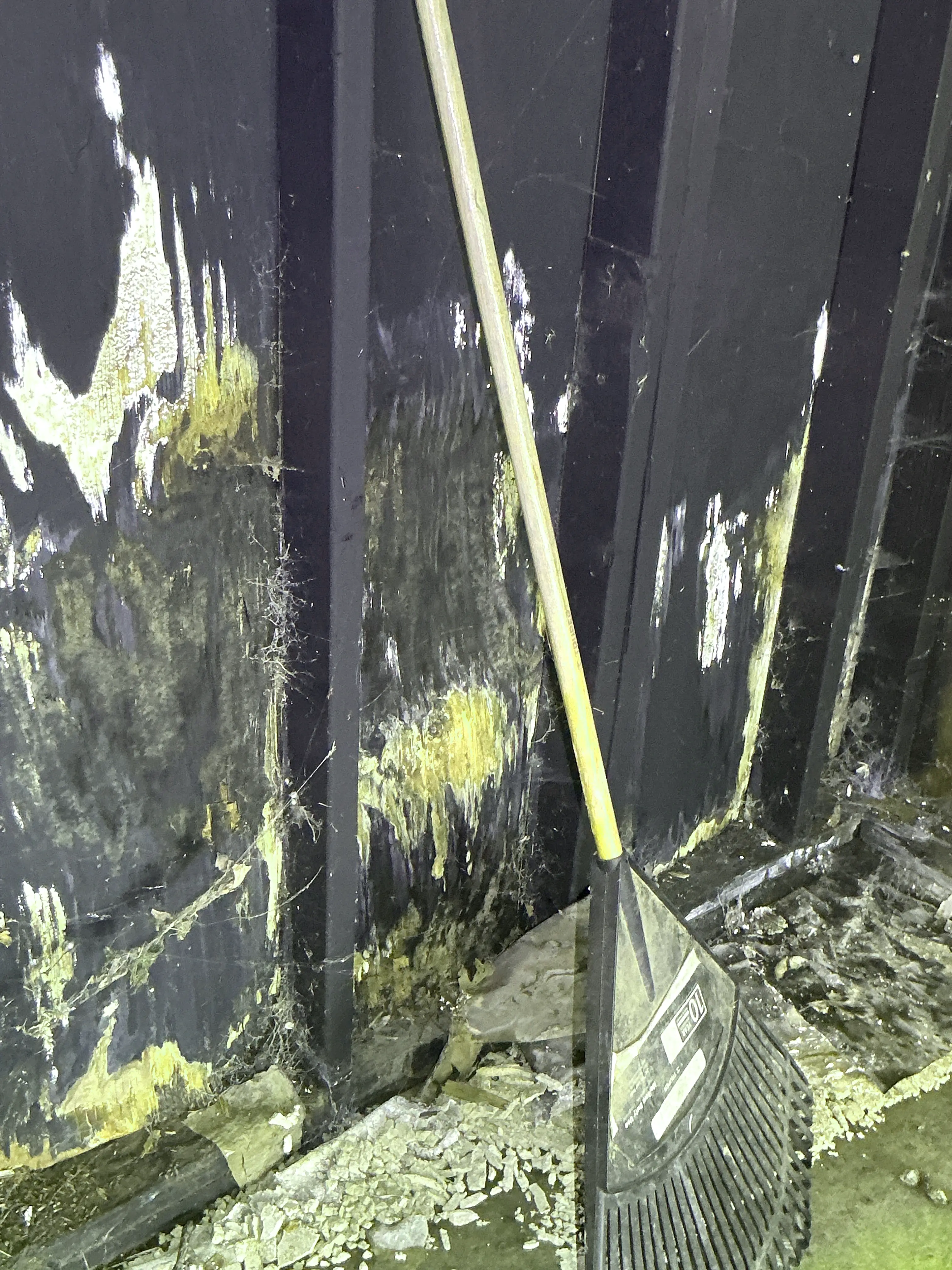 Severe wood rot and water damage on subflooring near foundation during indoor air quality testing. 2026-08-02
