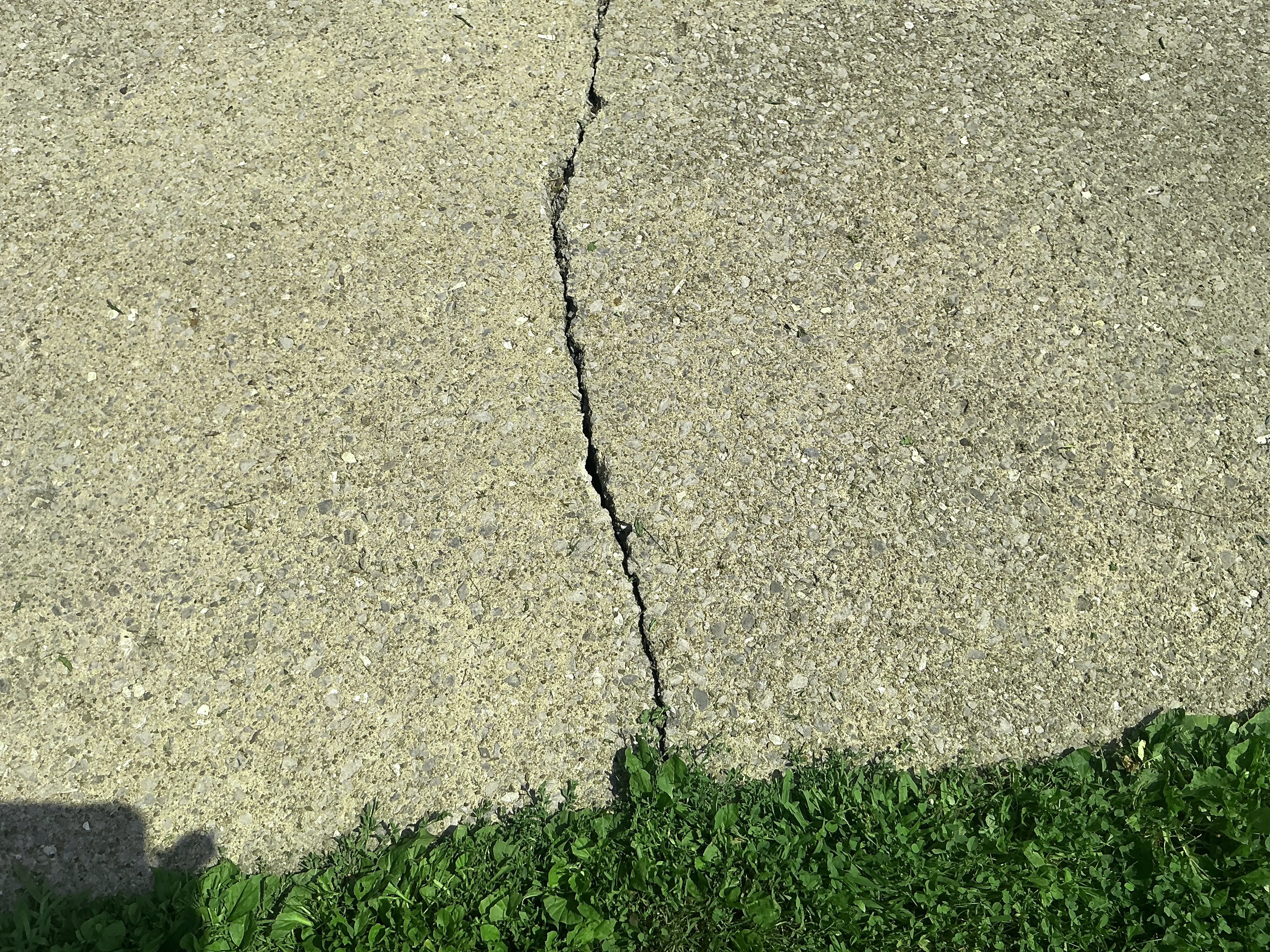 Deep crack in concrete pavement next to a grass lawn requiring repair. 2026-09-01