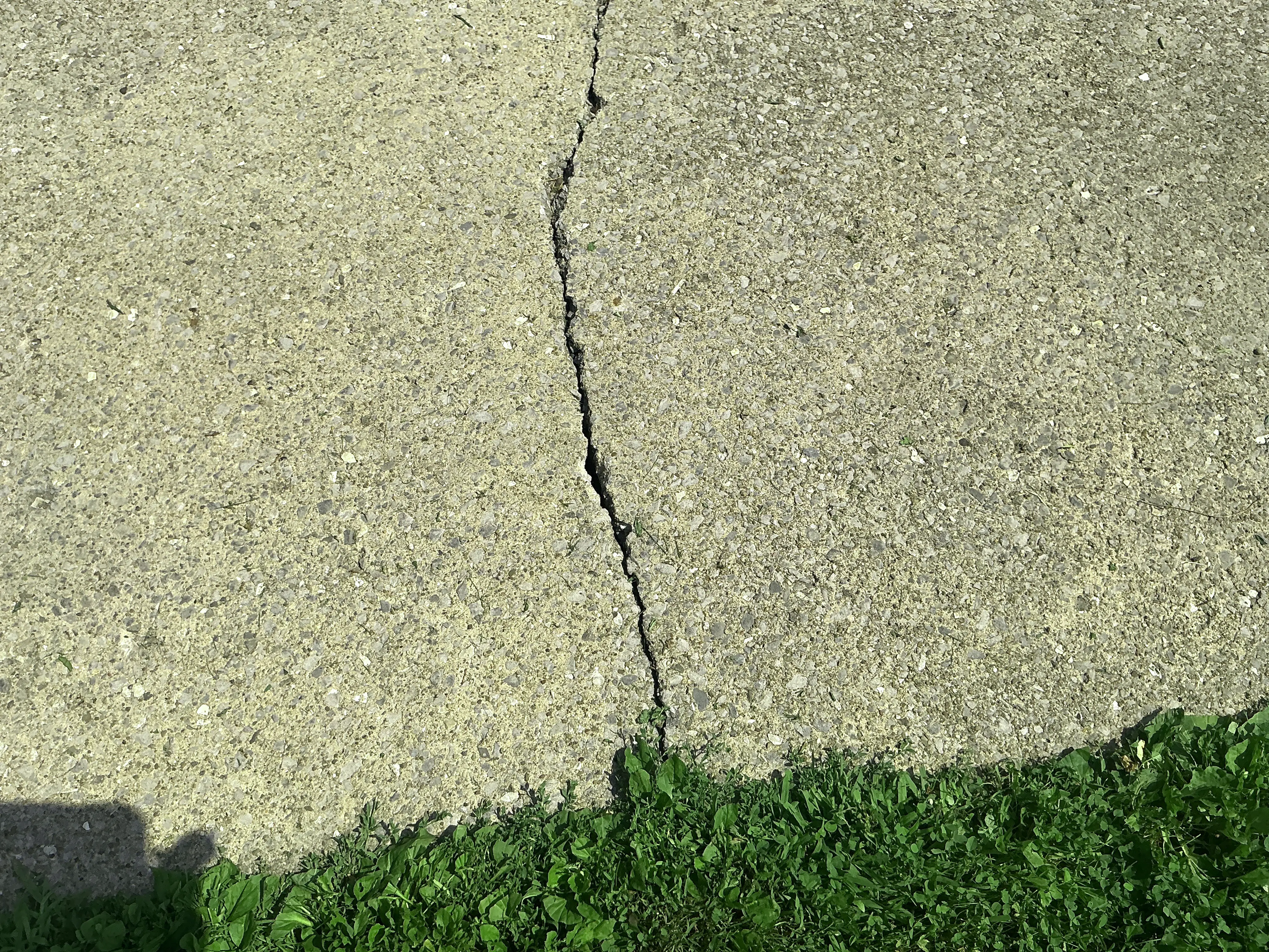 Deep crack in concrete pavement next to a grass lawn requiring repair. 2026-07-19