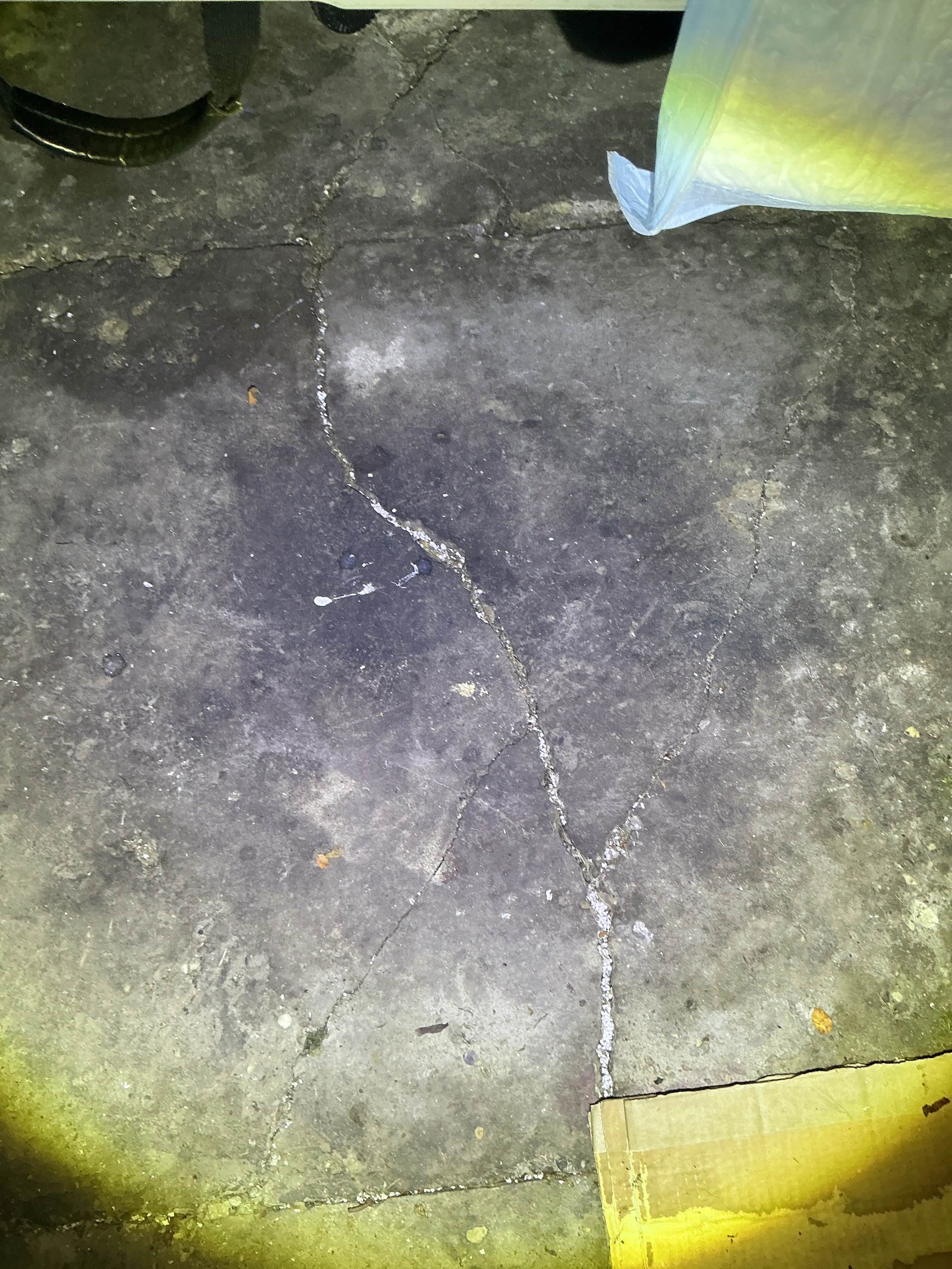 Cracked concrete slab floor showing potential foundation settlement during home inspection 2026-07-16