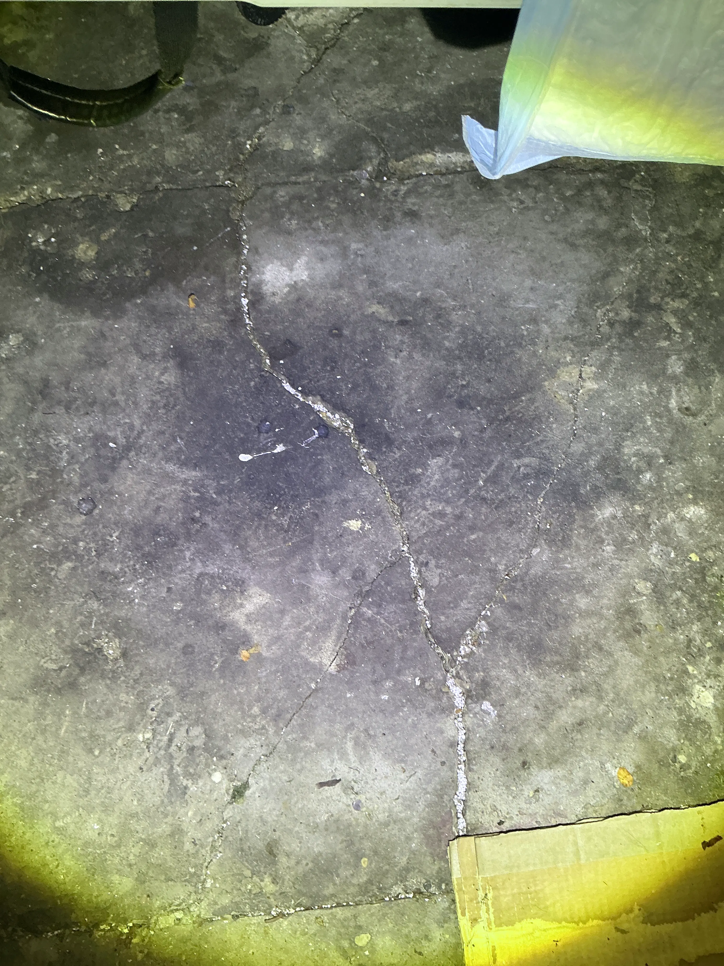 Cracked concrete slab floor showing potential foundation settlement during home inspection 2026-07-15