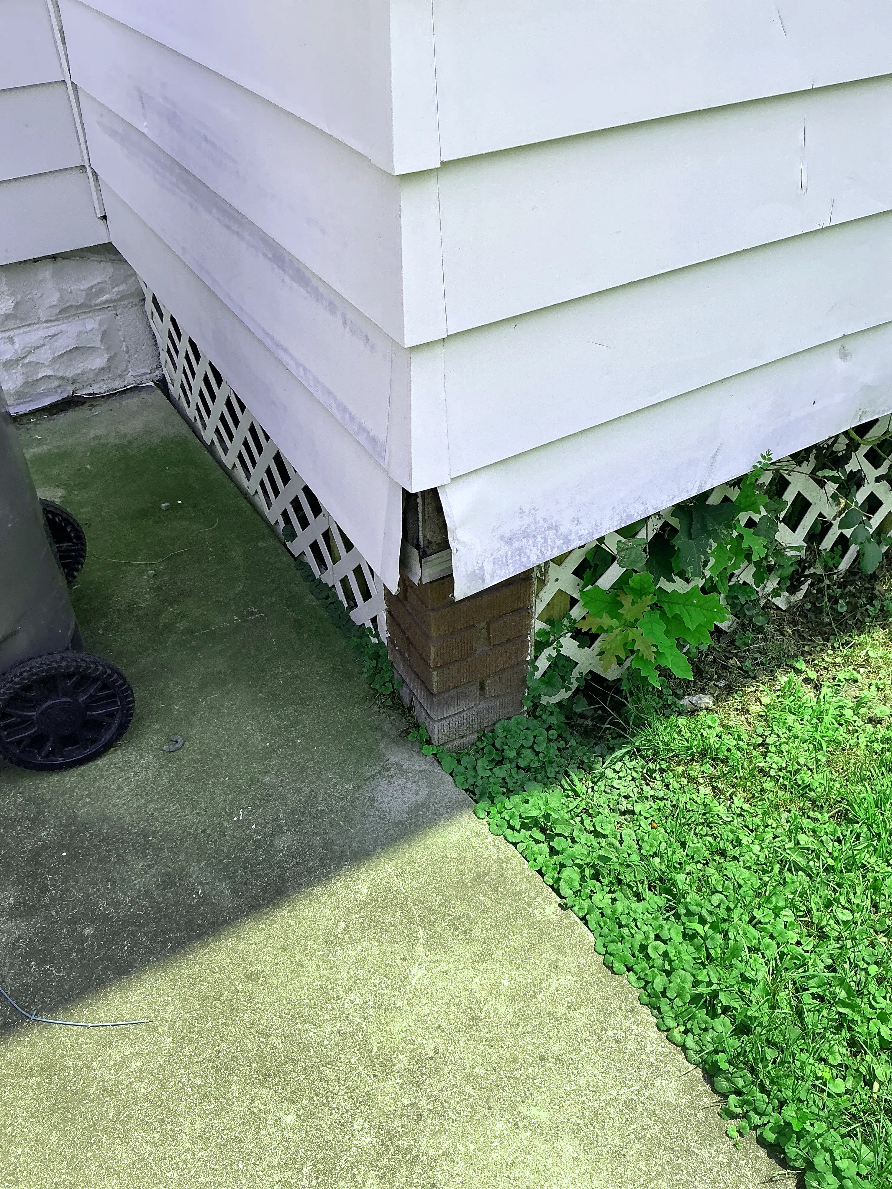 Damaged siding corner trim exposing exterior wood framing near foundation 2026-07-31
