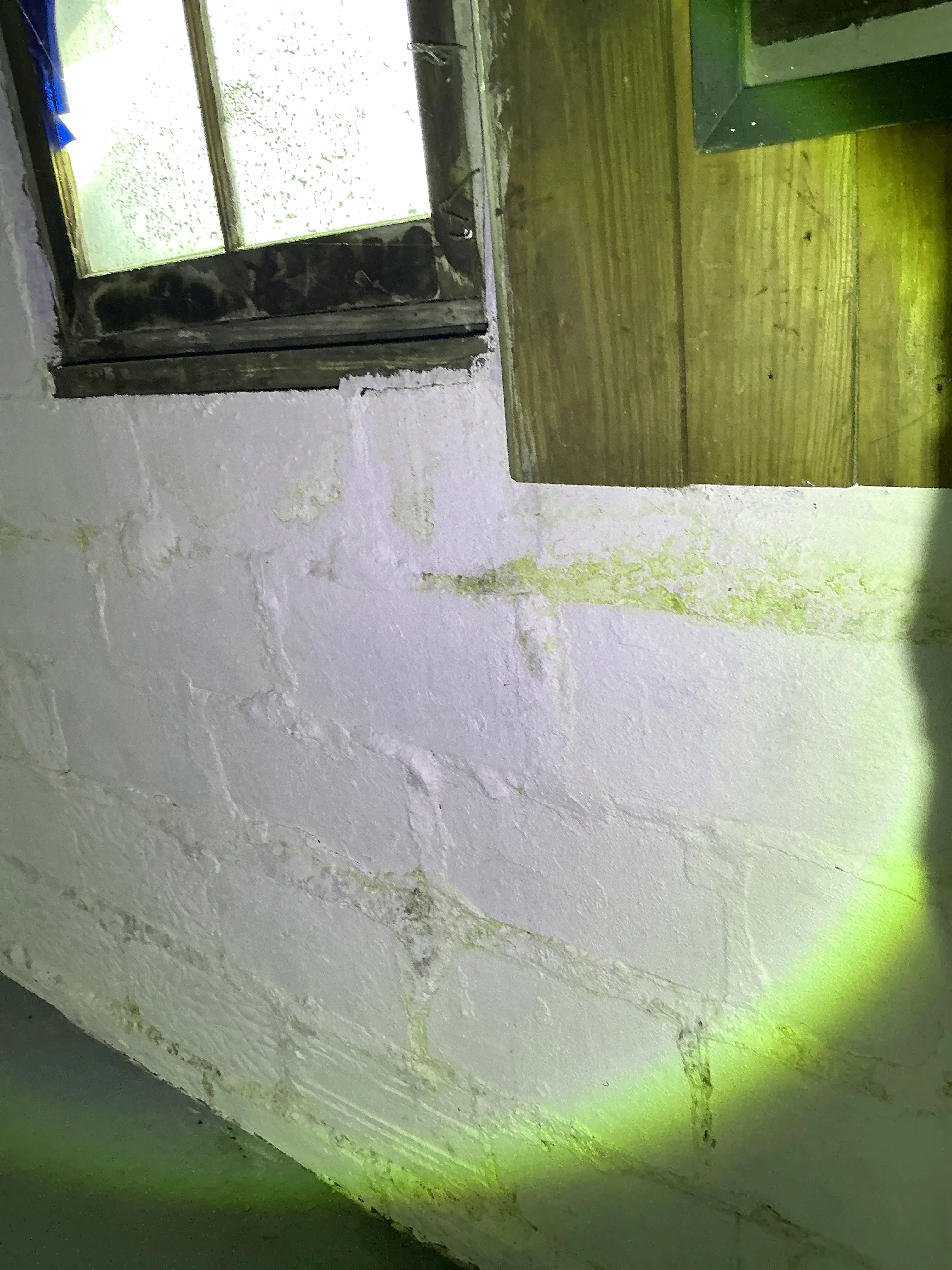 Water damage and yellow moisture staining on painted masonry basement wall 2026-08-29