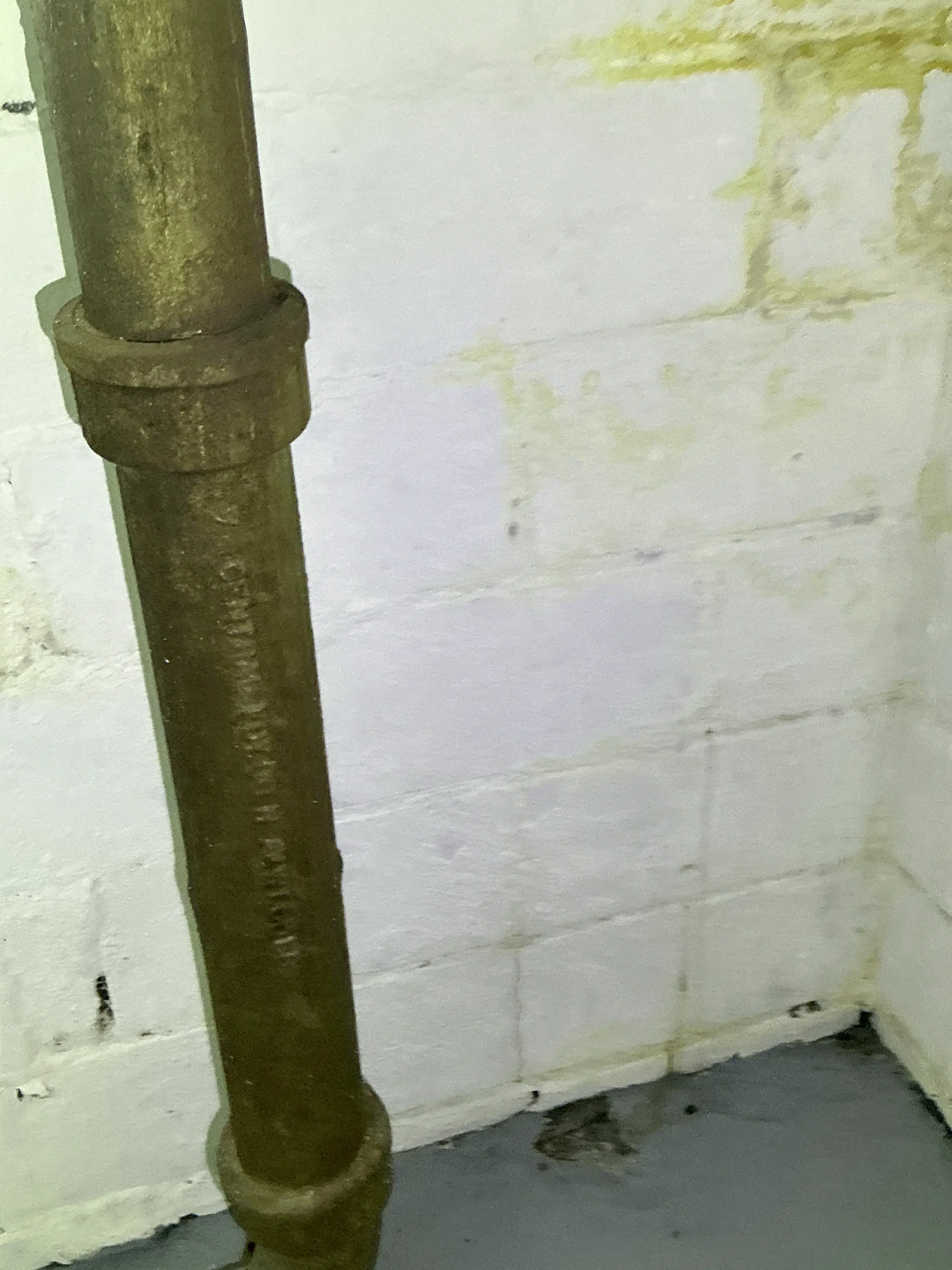 Cast iron plumbing drain pipe installed in a basement during a indoor air quality testing 2026-08-25