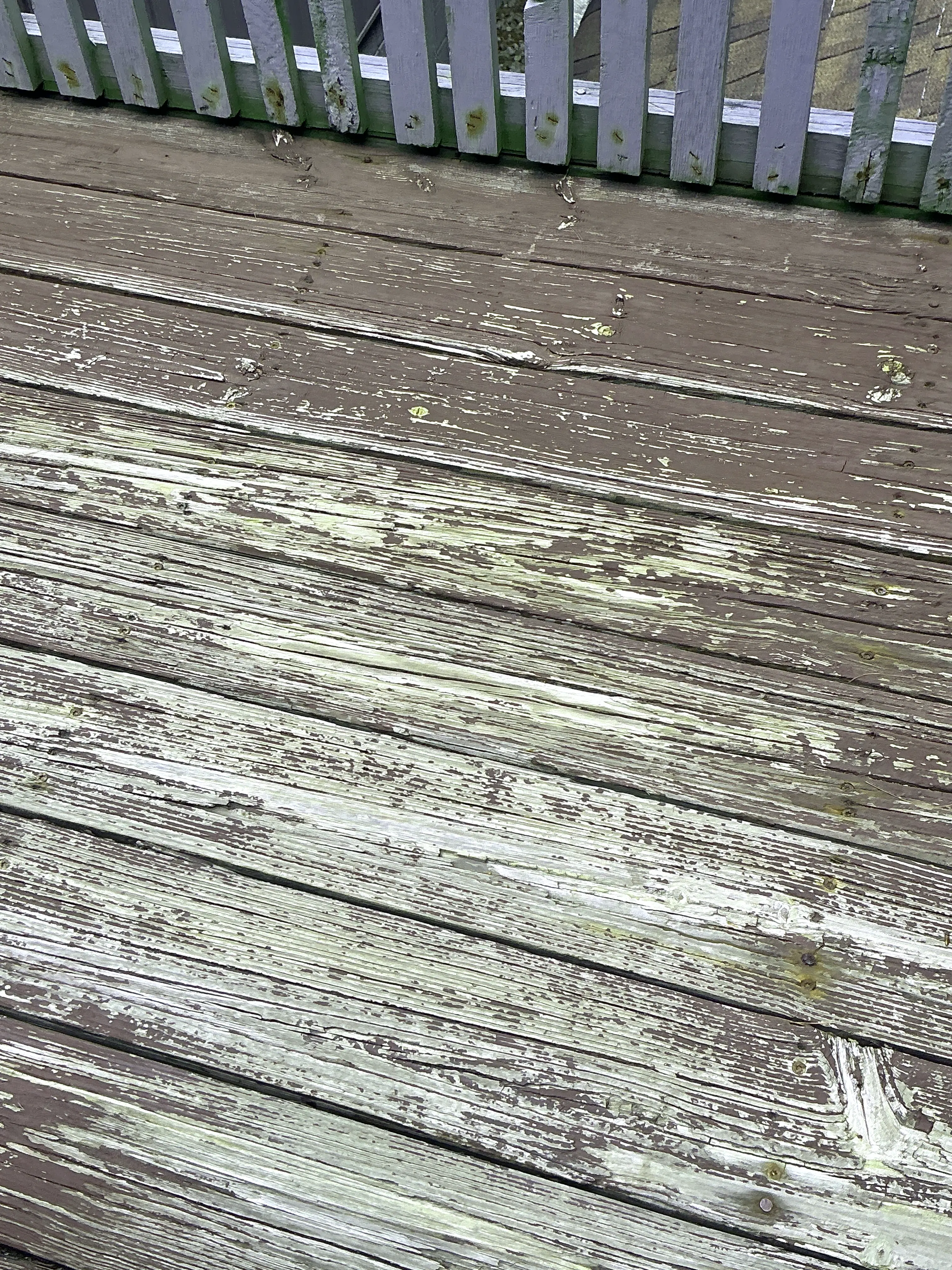 Weathered wooden deck boards with peeling paint during lead inspection. 2026-08-10