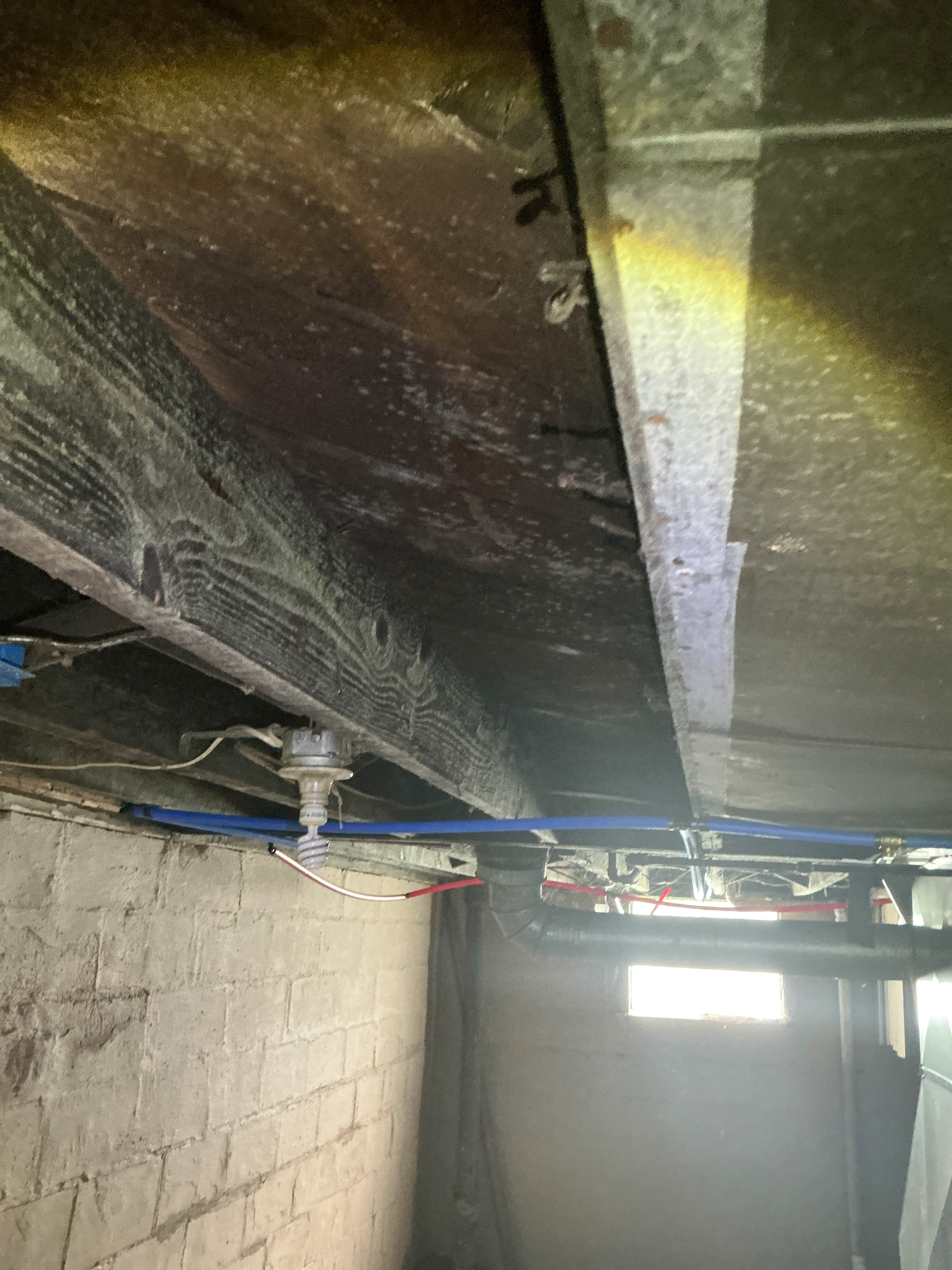 Crawl space ductwork with blue and red PEX plumbing pipes and electrical wiring 2026-07-10