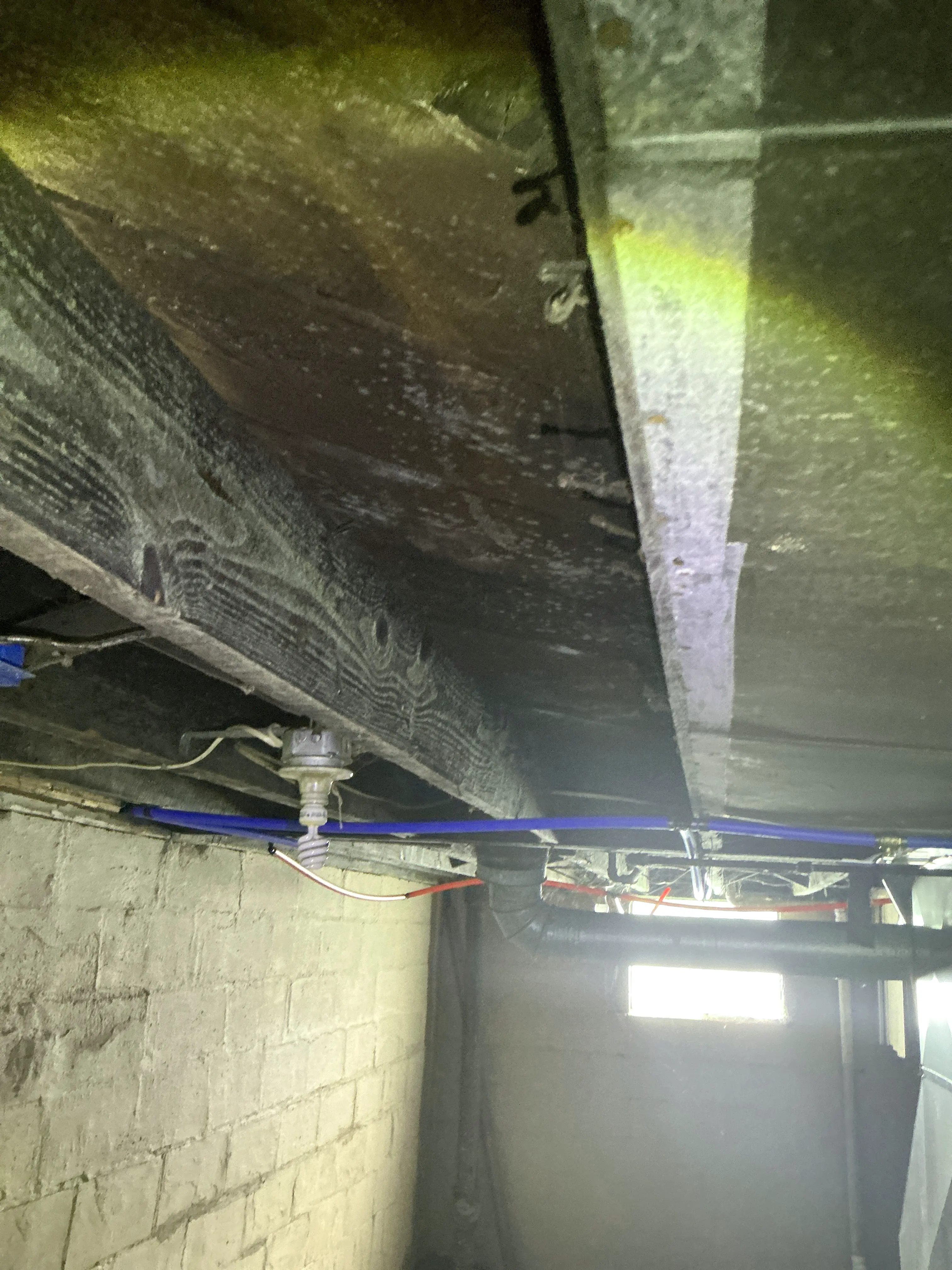 Crawl space ductwork with blue and red PEX plumbing pipes and electrical wiring 2026-08-18