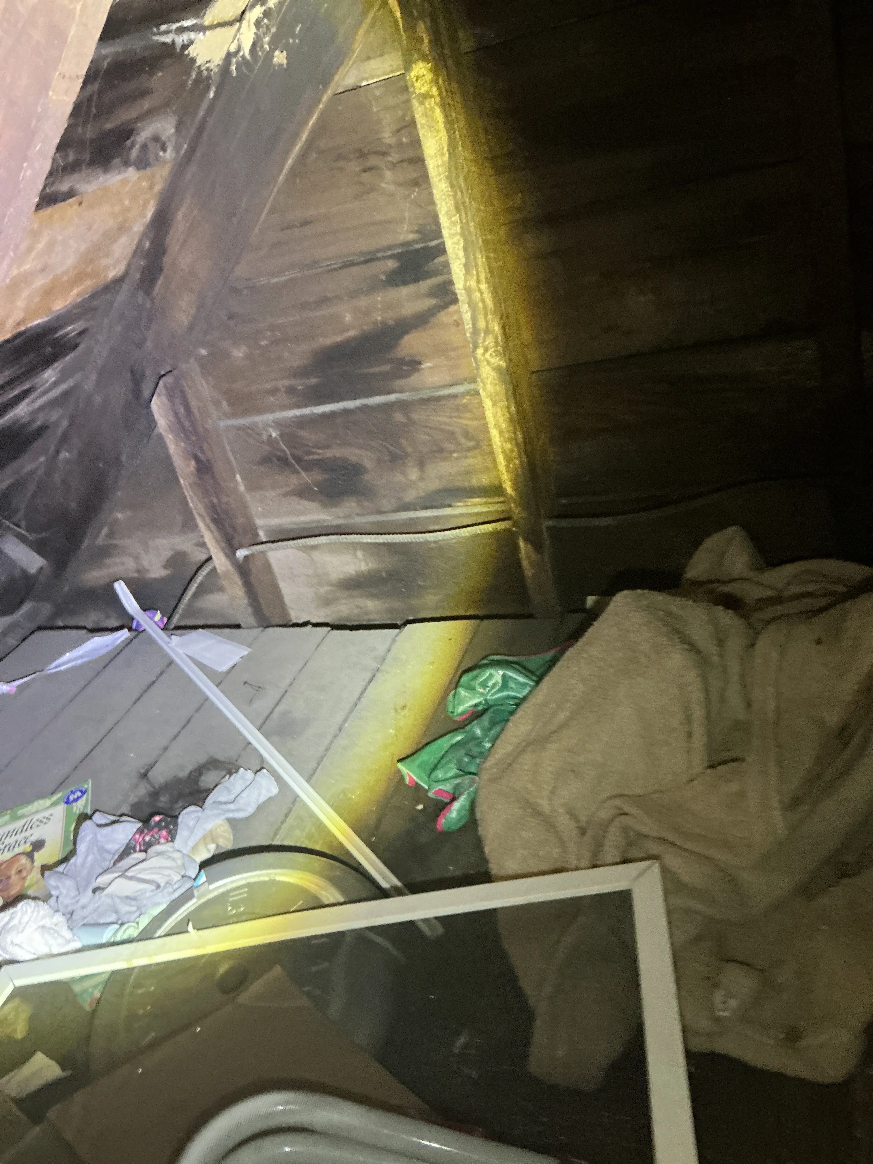 Water damage and dark staining on wooden framing in an attic space 2026-08-23