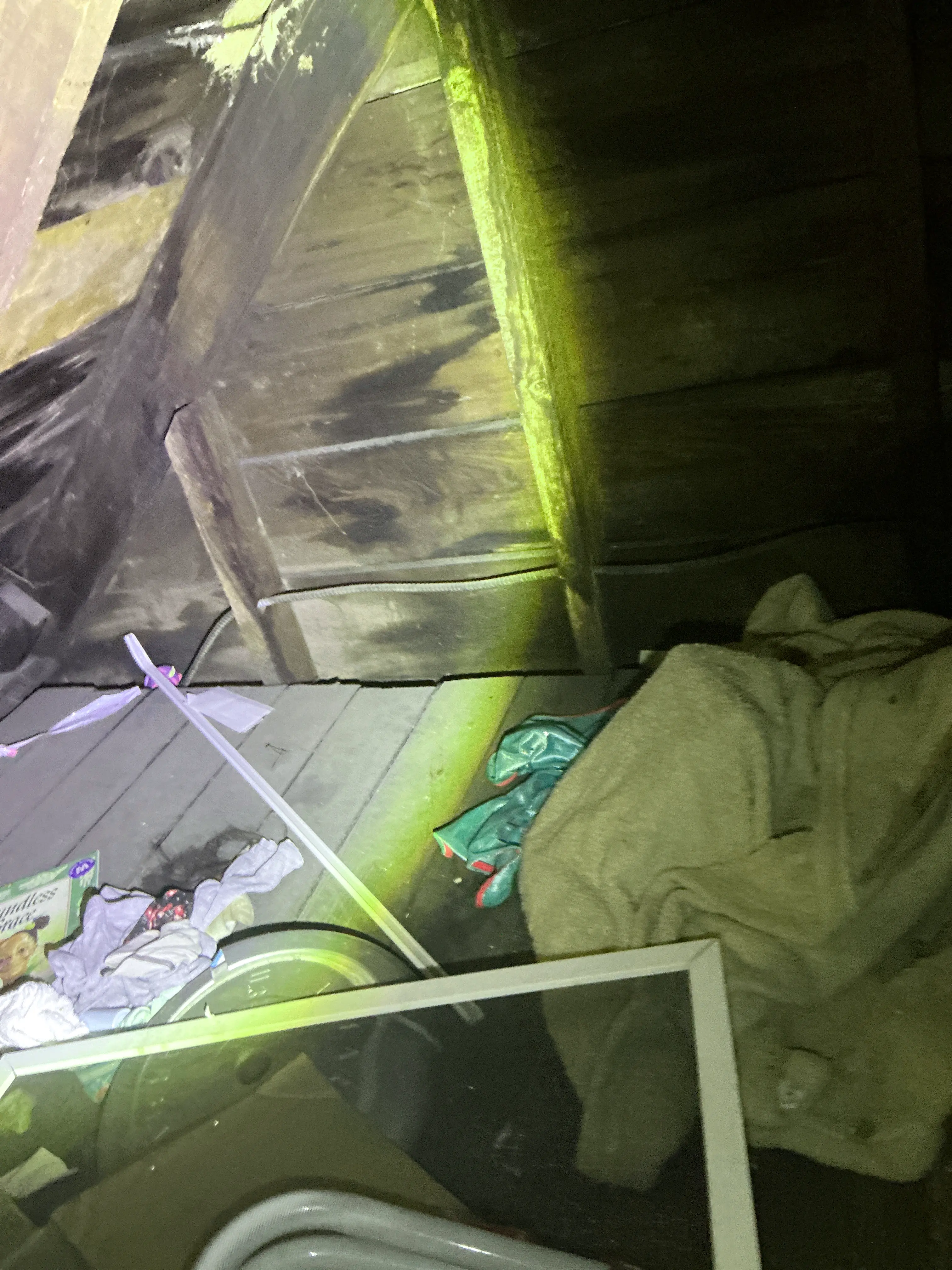 Water damage and dark staining on wooden framing in an attic space 2026-08-17