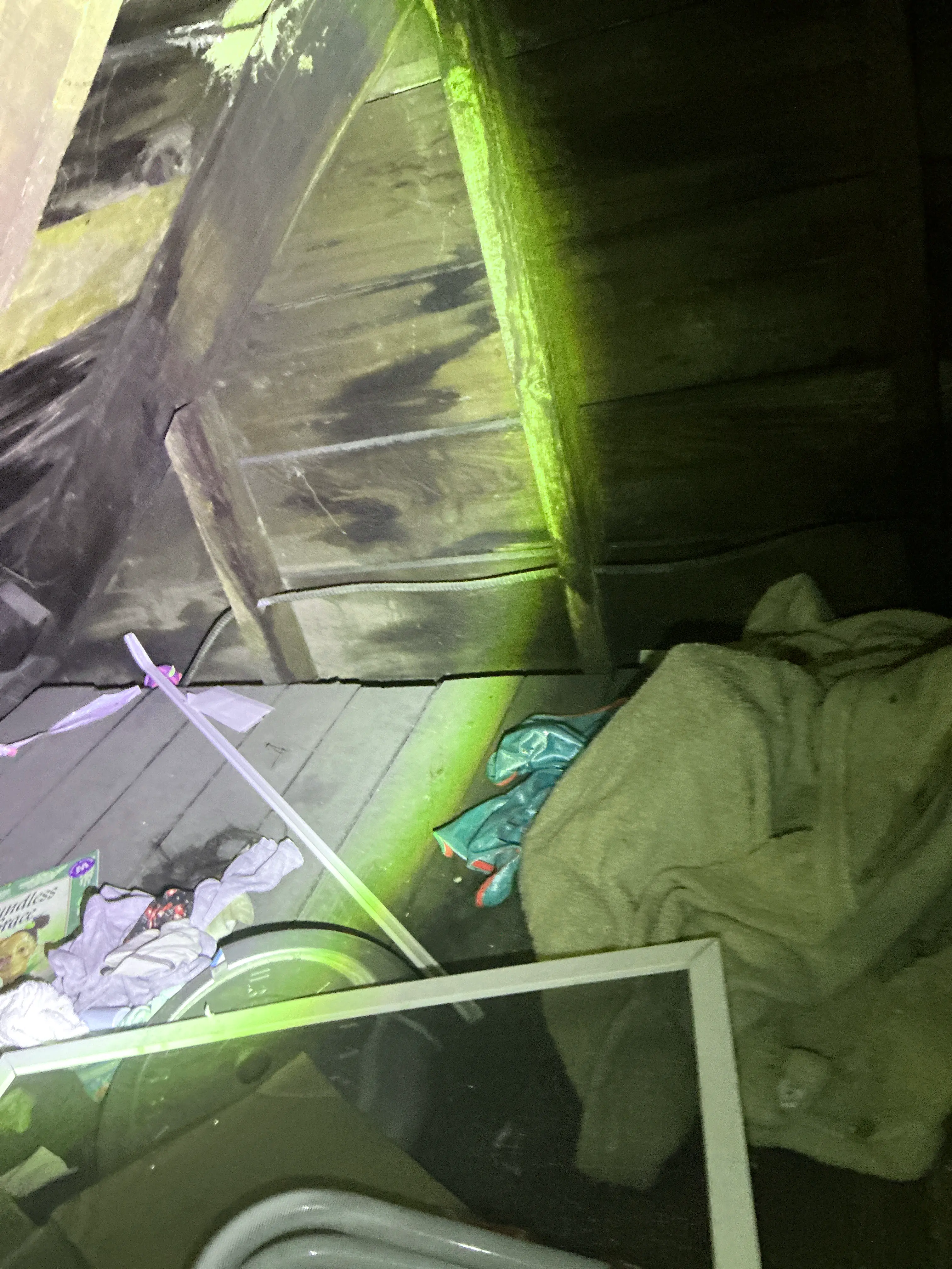 Water damage and dark staining on wooden framing in an attic space 2026-07-12