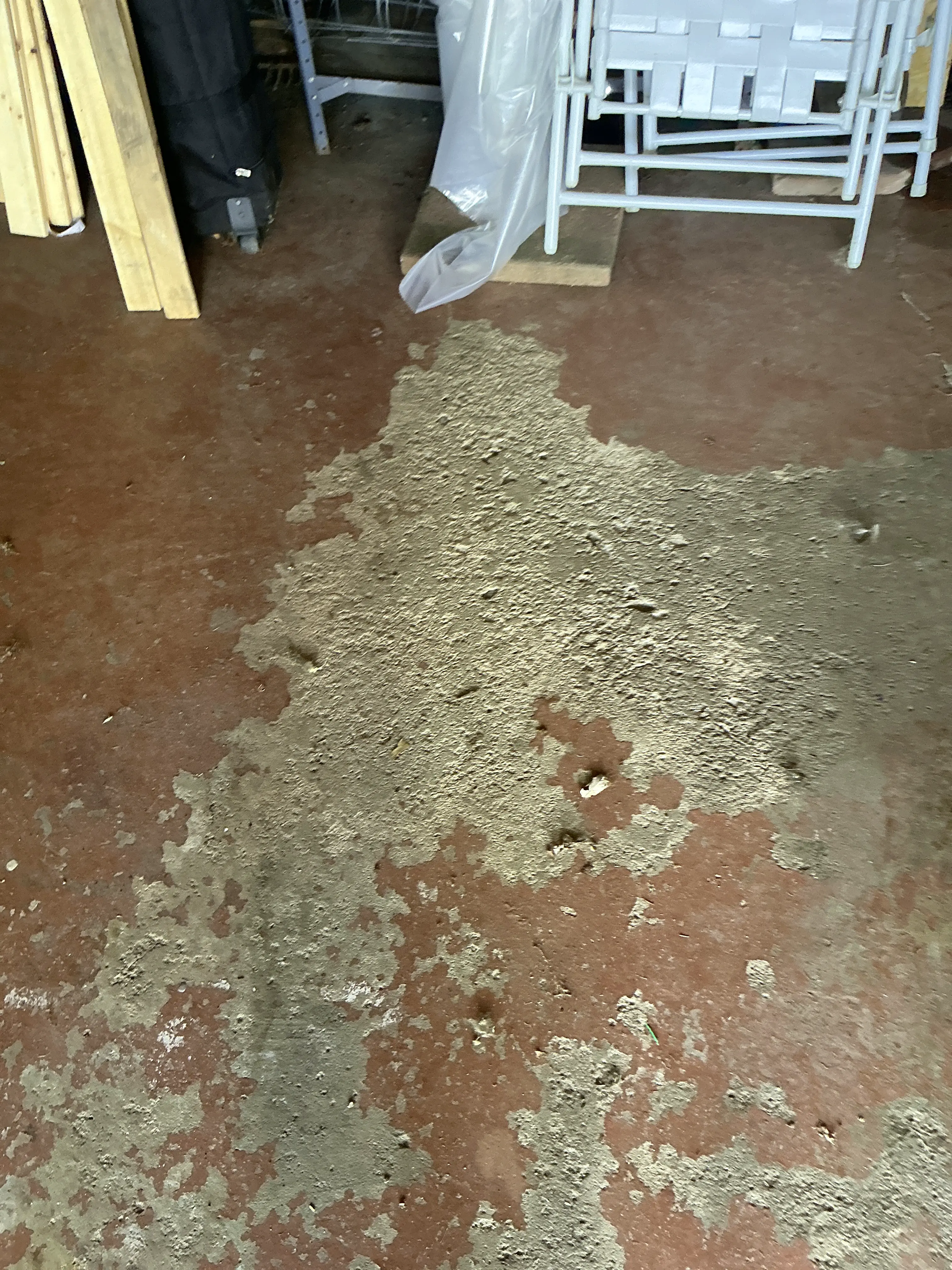 Peeling paint and worn floor coating on concrete garage floor 2026-07-27